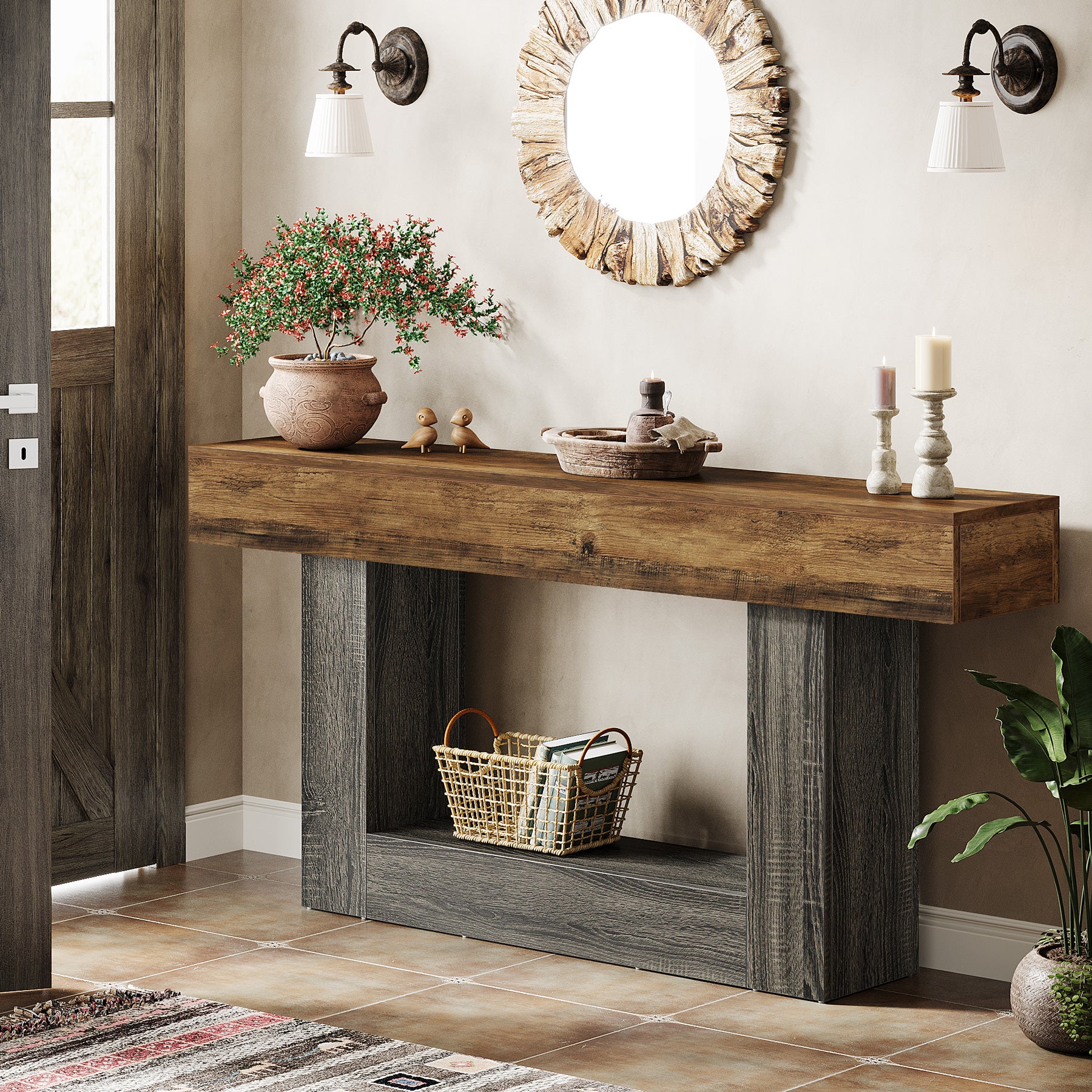 Tribesigns 160 cm Tavolo consolle in legno, tavolo da ingresso con 2 ripiani in stile fattoria