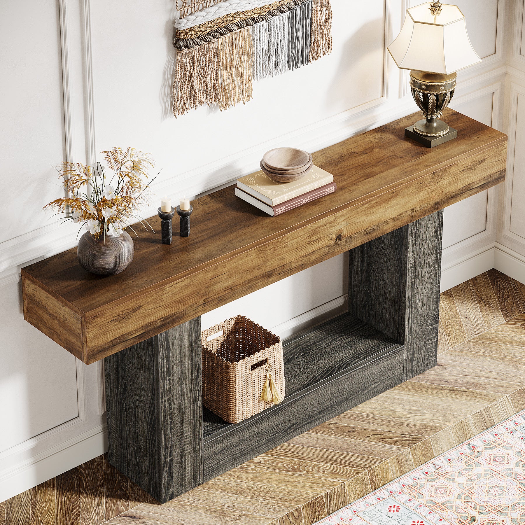 Tribesigns 160 cm Tavolo consolle in legno, tavolo da ingresso con 2 ripiani in stile fattoria