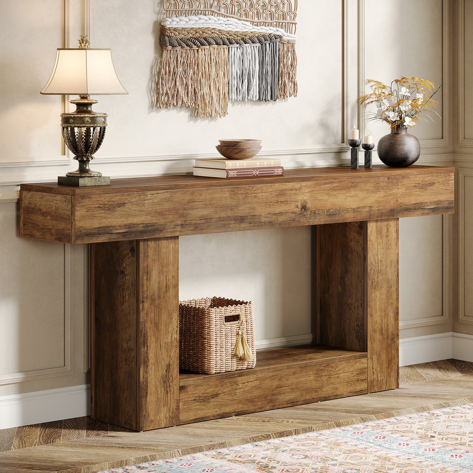 Tribesigns 160 cm Tavolo consolle in legno, tavolo da ingresso con 2 ripiani in stile fattoria