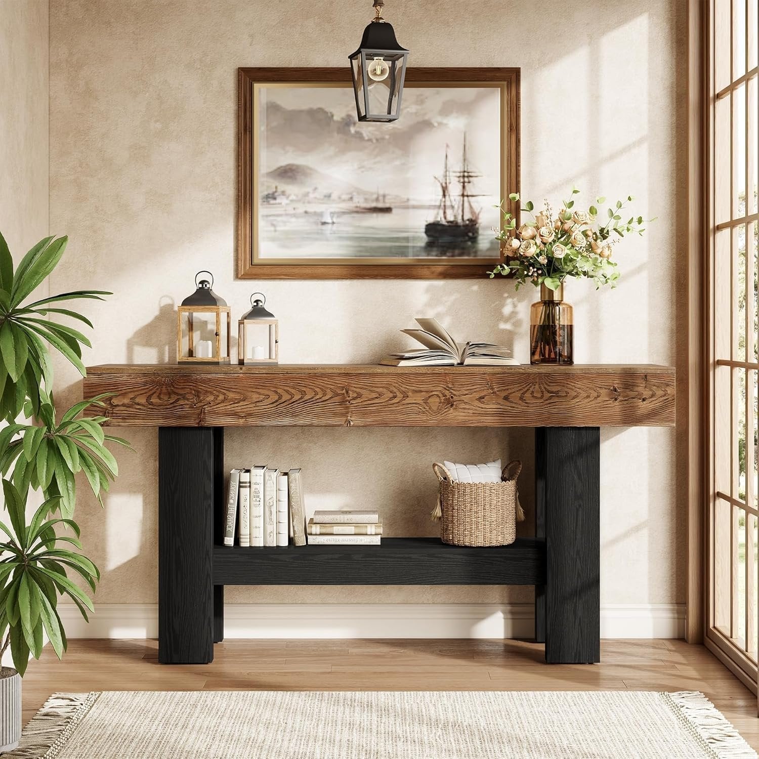 Tribesigns 160 cm Tavolo consolle, tavolino da divano in legno massiccio a 2 livelli per ingresso