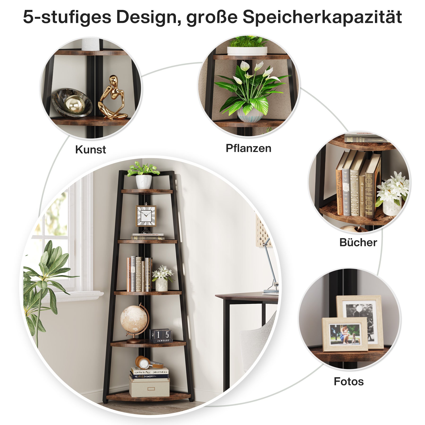 Tribesigns 176 cm Scaffale ad angolo alto, libreria ad angolo a 5 livelli Scaffale a scala Supporto per piante