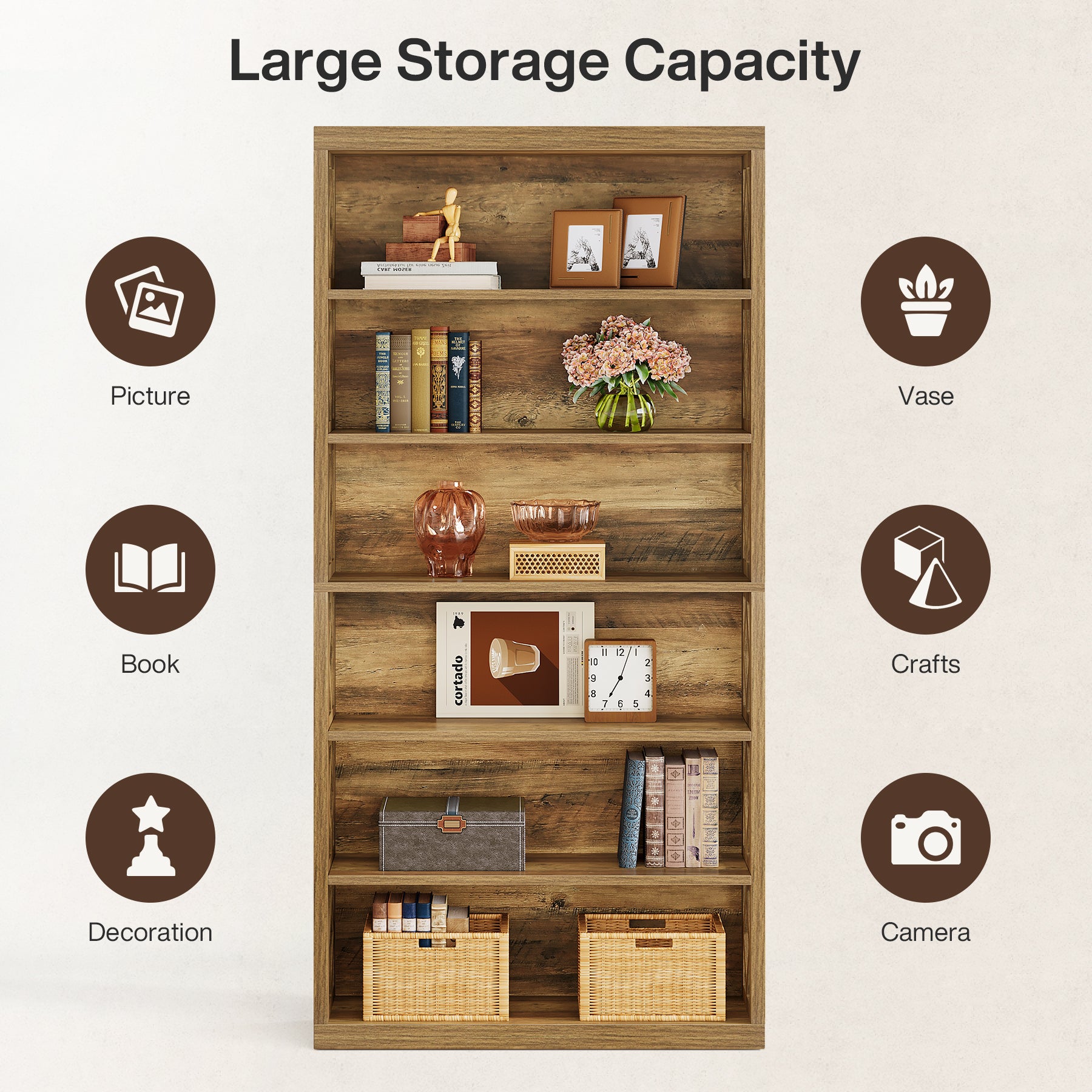 Tribesigns 190 cm Libreria, scaffale a 7 ripiani con ripiano espositivo aperto