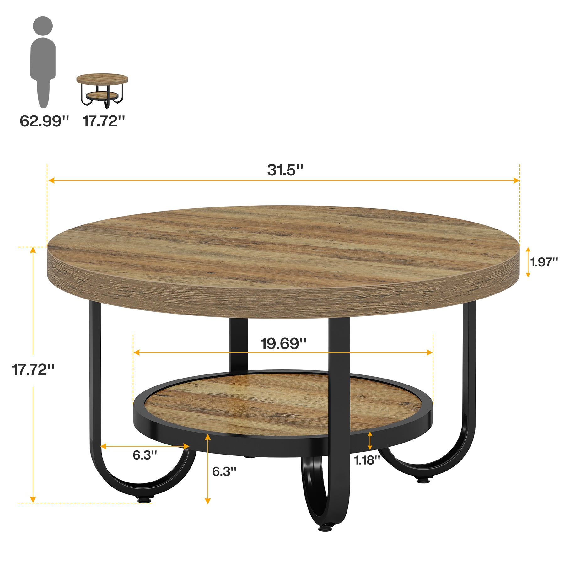 Tribesigns 70 cm Tavolino rotondo, tavolino centrale tavolino da cocktail a 2 ripiani