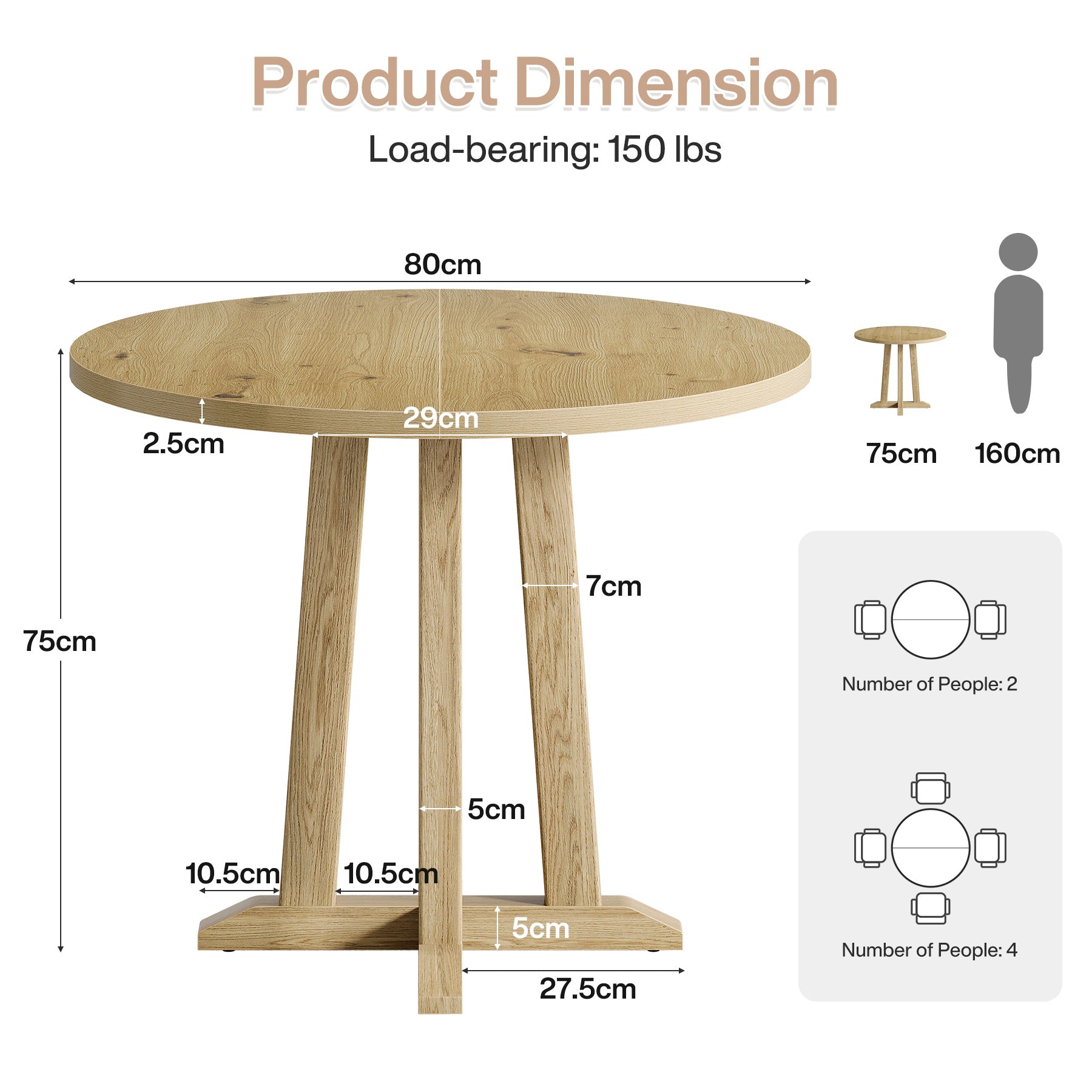 Tribesigns 80 cm Tavolo da pranzo, Tavolo da Cucina rotondo per 2-4 Persone