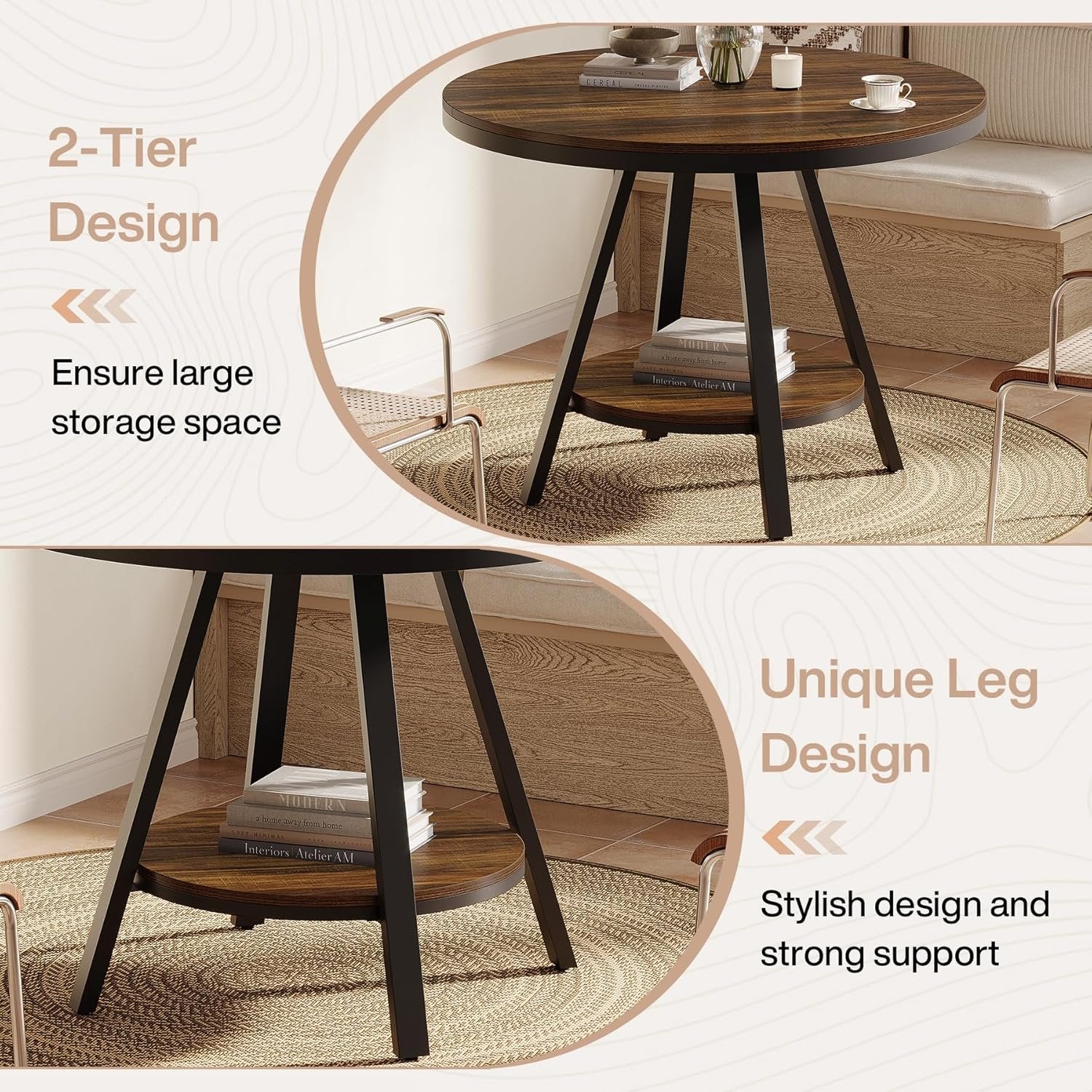 Tribesigns 90 cm Tavolo da pranzo, piccolo tavolo da cucina rotondo a 2 livelli per 2-4