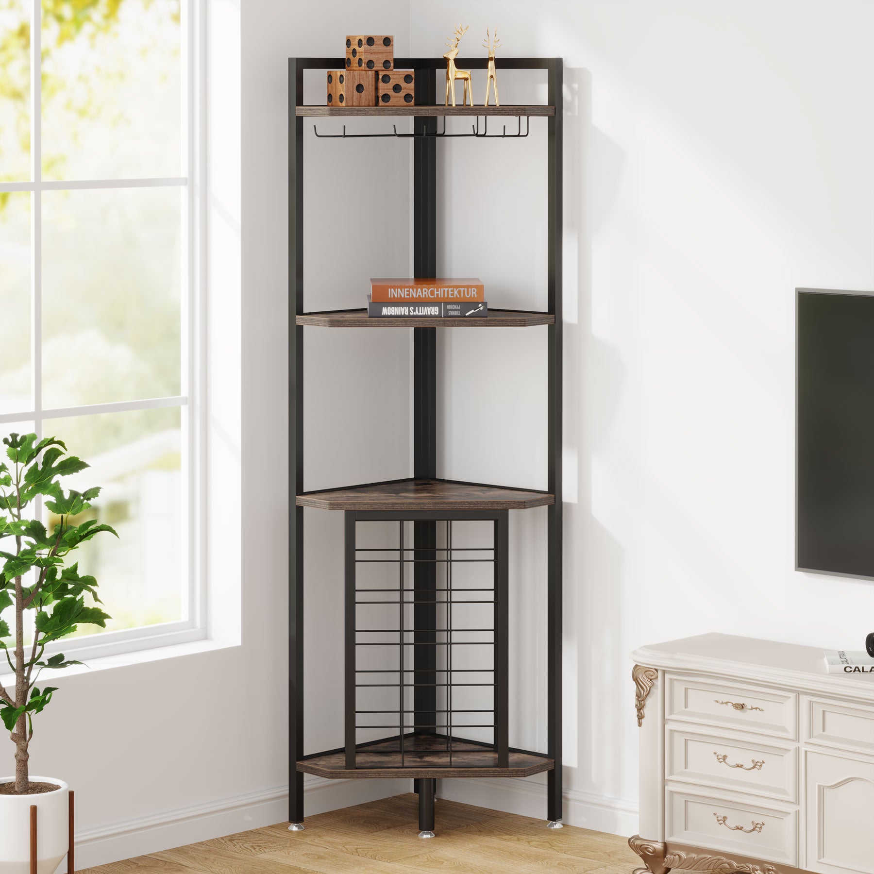 Tribesigns Corner Wine Rack, mobiletto angolare per vino a 4 ripiani con portabicchieri e ripiani