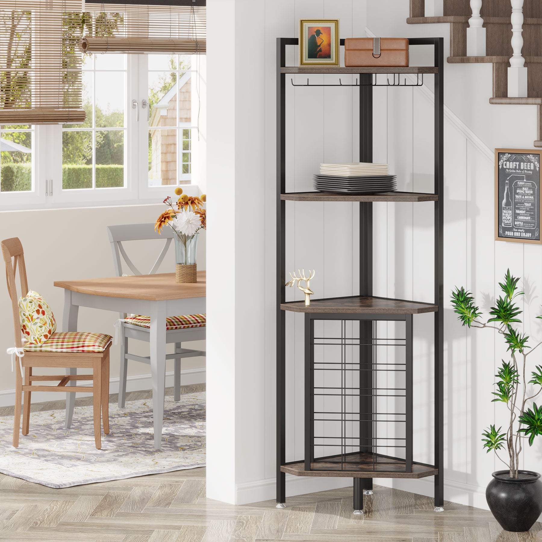 Tribesigns Corner Wine Rack, mobiletto angolare per vino a 4 ripiani con portabicchieri e ripiani