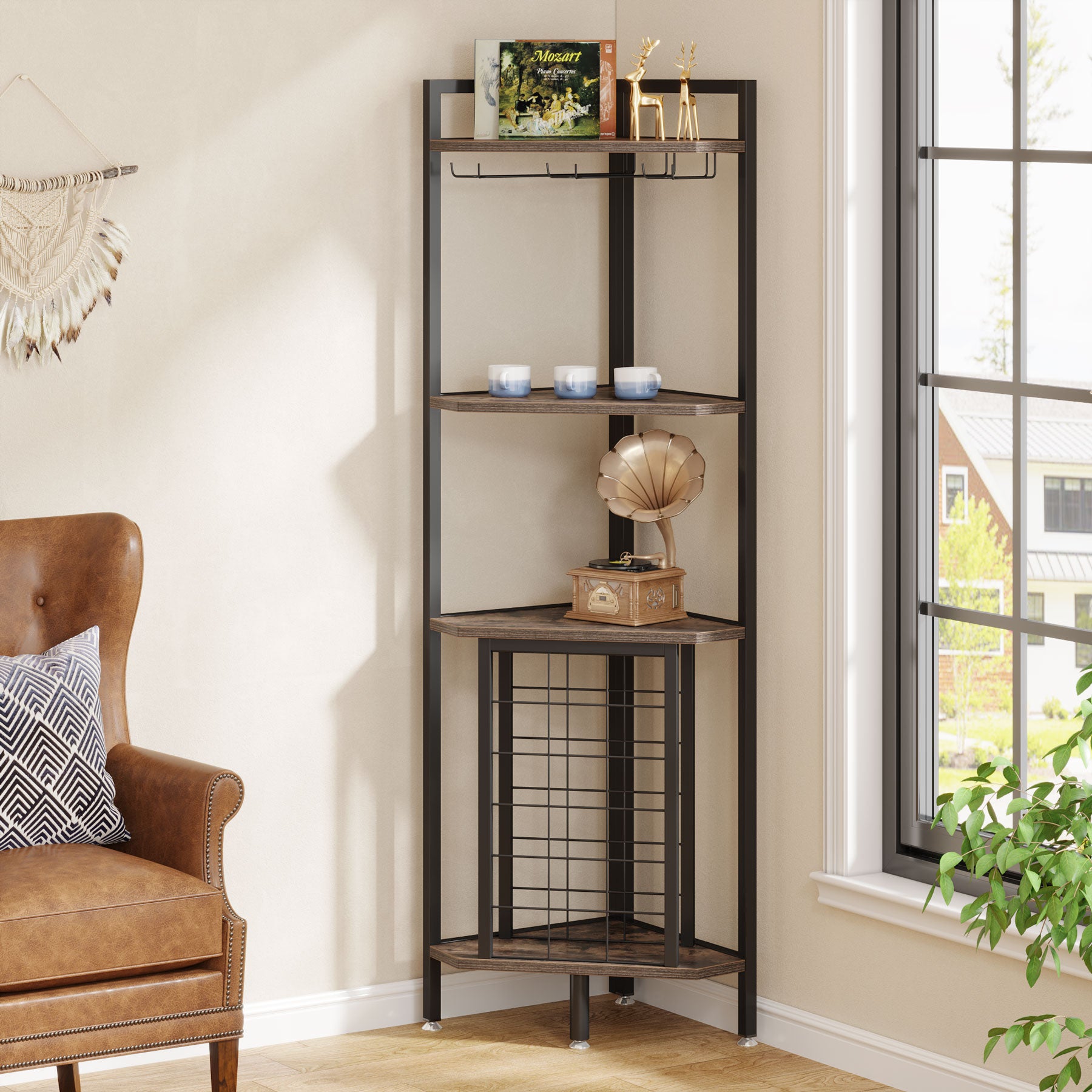 Tribesigns Corner Wine Rack, mobiletto angolare per vino a 4 ripiani con portabicchieri e ripiani