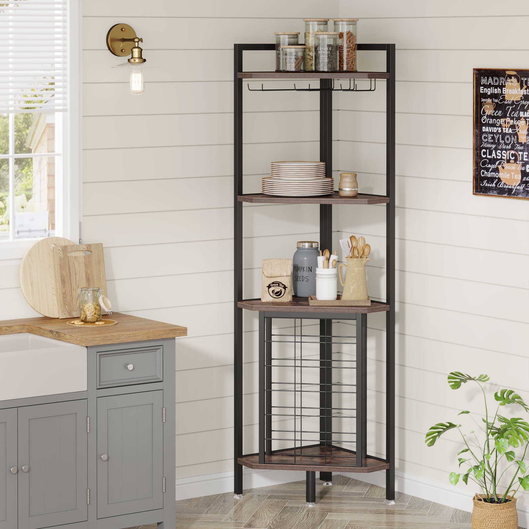 Tribesigns Corner Wine Rack, mobiletto angolare per vino a 4 ripiani con portabicchieri e ripiani