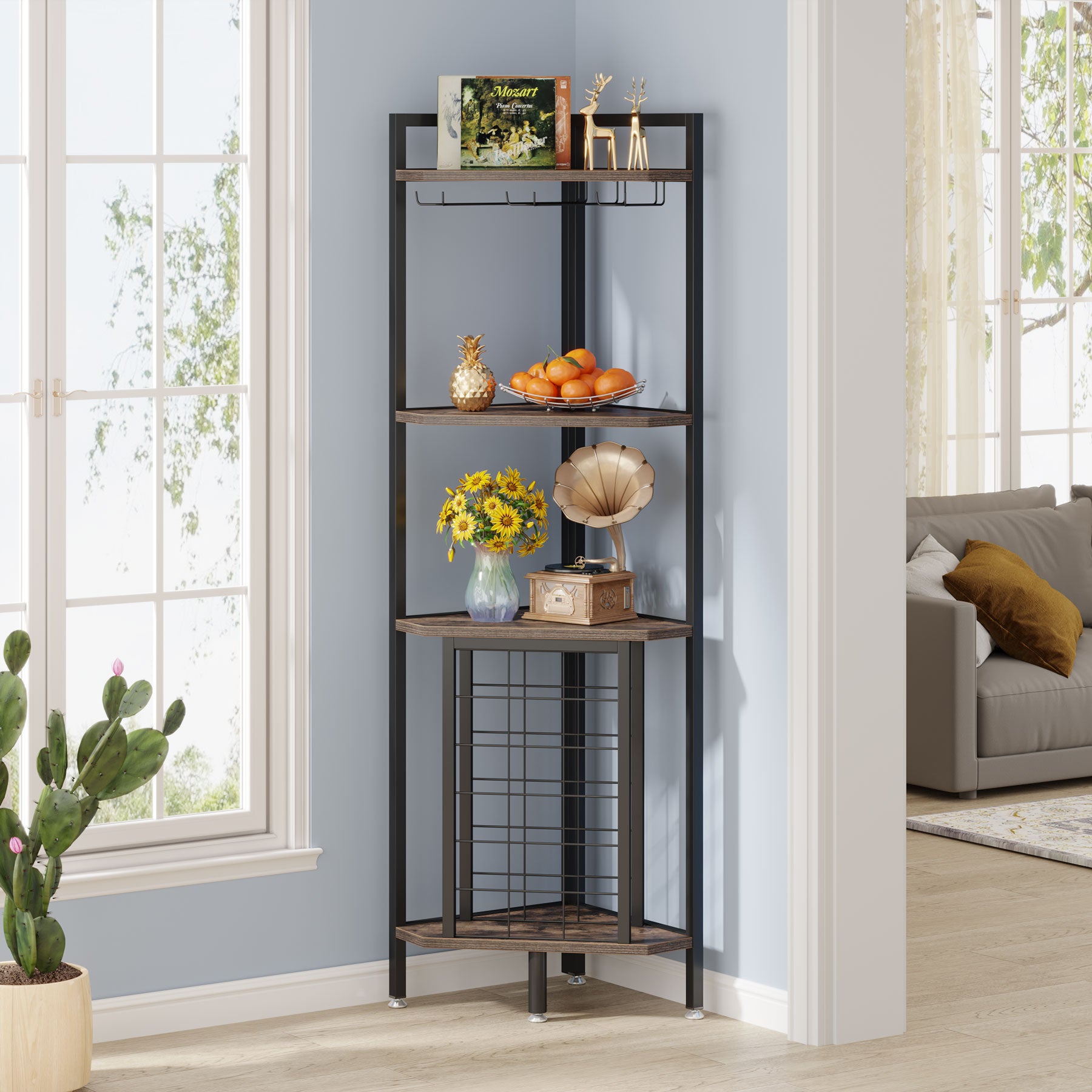 Tribesigns Corner Wine Rack, mobiletto angolare per vino a 4 ripiani con portabicchieri e ripiani