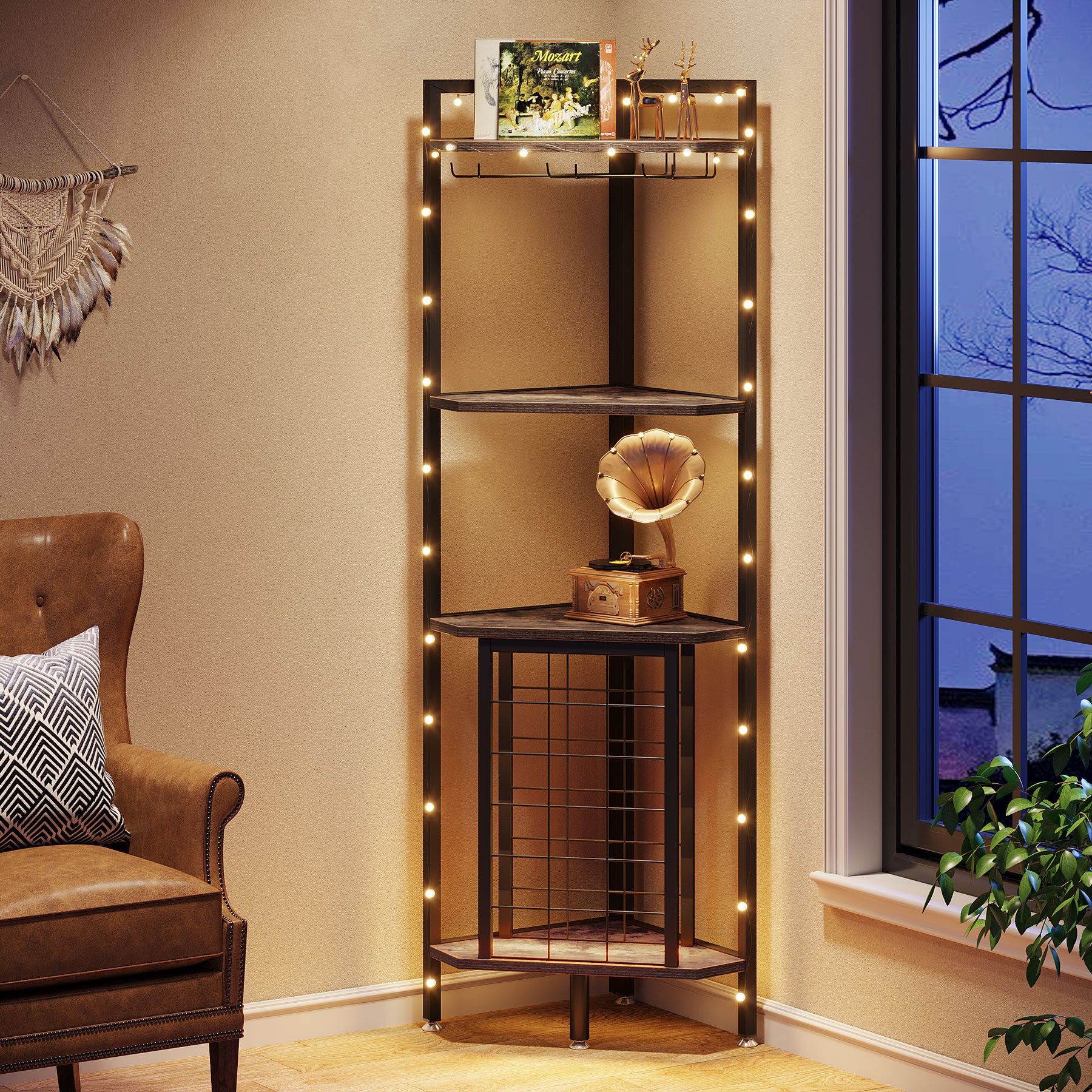 Tribesigns Corner Wine Rack, mobiletto angolare per vino a 4 ripiani con portabicchieri e ripiani