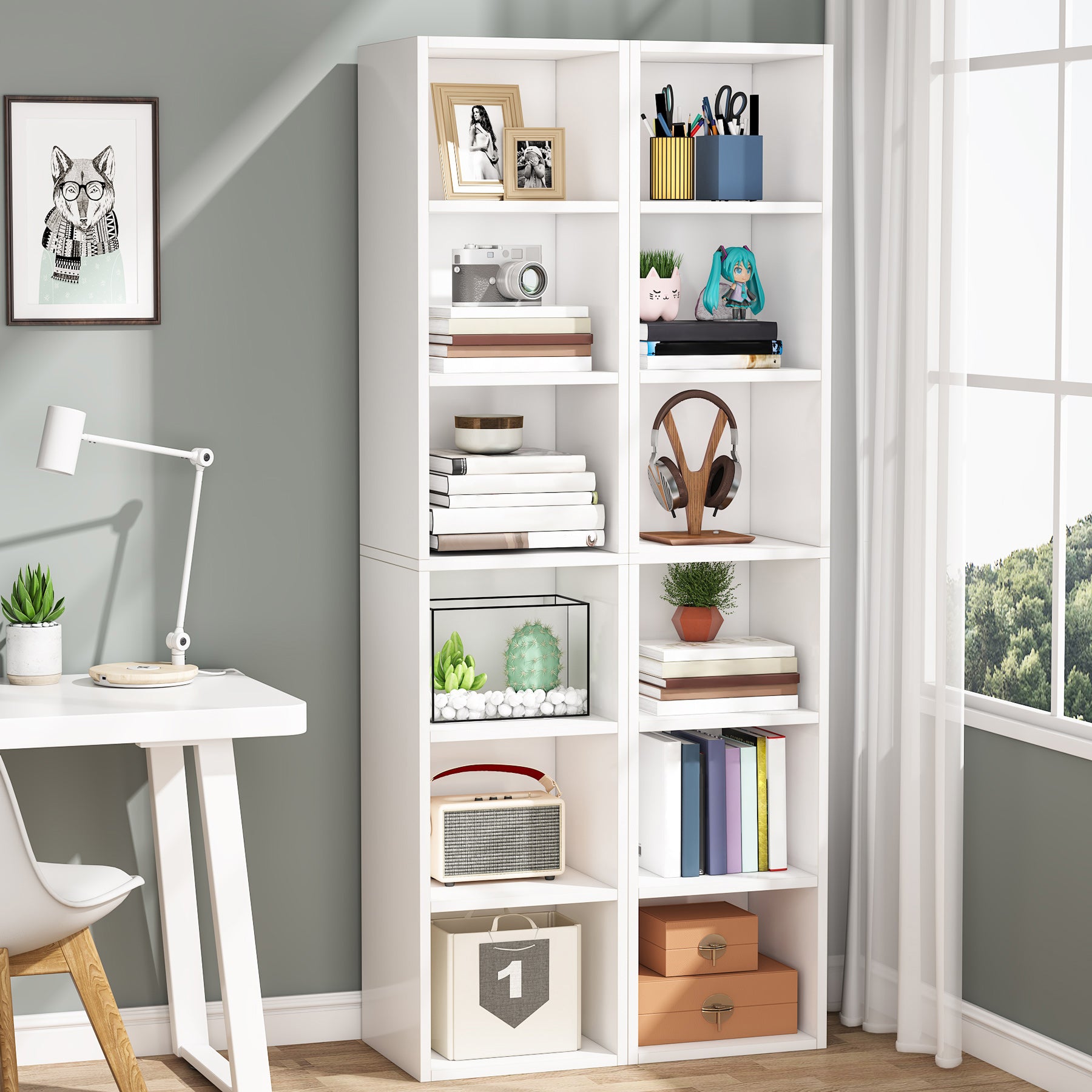 Tribesigns Libreria alta 180 cm, libreria angolare stretta con cubo espositivo a 6 ripiani