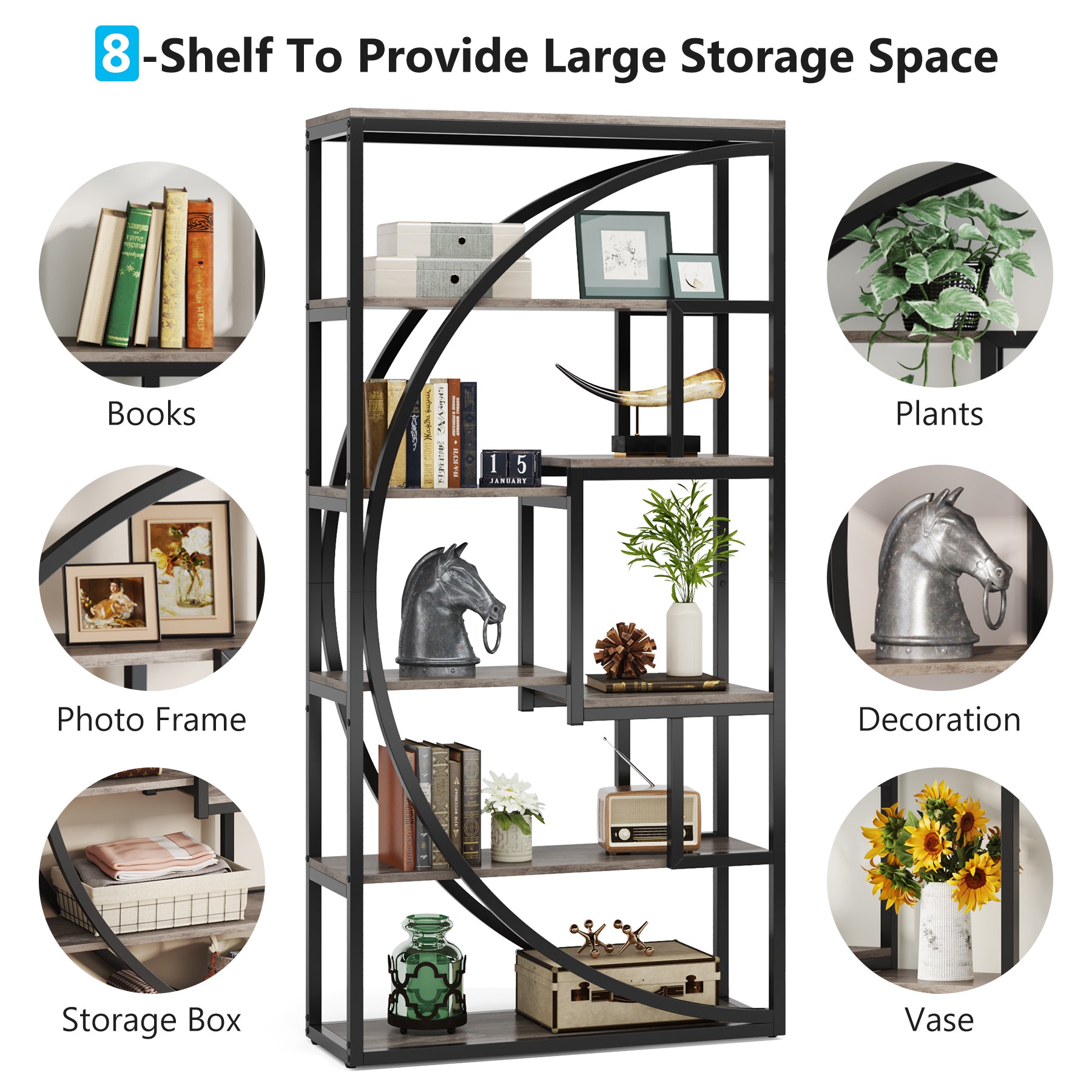 Tribesigns Libreria industriale a 5 ripiani, Altezza 180 cm Con 8 scaffali aperti