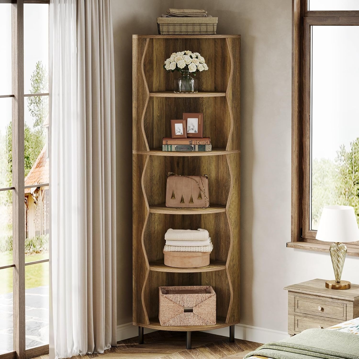 Tribesigns Scaffale angolare da 180 cm, elegante libreria a 5 ripiani per piccoli spazi