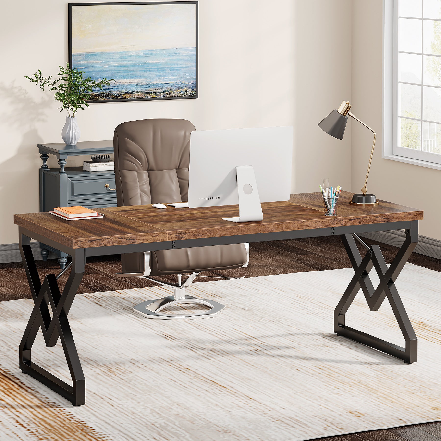 Tribesigns Scrivania, Grande scrivania per ufficio con piano in legno extra spesso e struttura in metallo