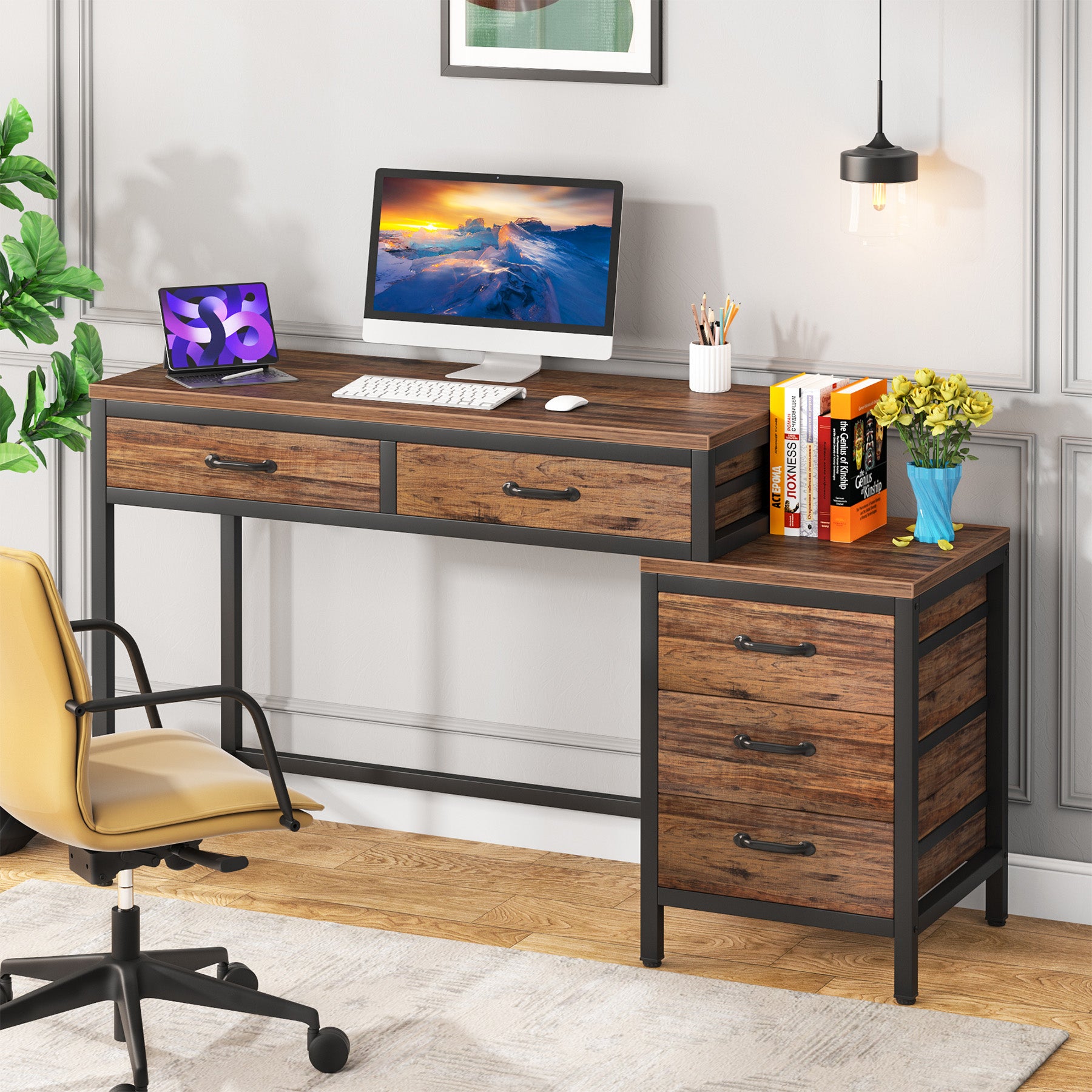 Scrivania per computer con 3 cassetti, 150 cm, con cassetti reversibili, scrivania industriale con vassoio portaoggetti Scrivania per computer con 3 cassetti, 150 cm, con cassetti reversibili, scrivania industriale con vassoio portaoggetti
