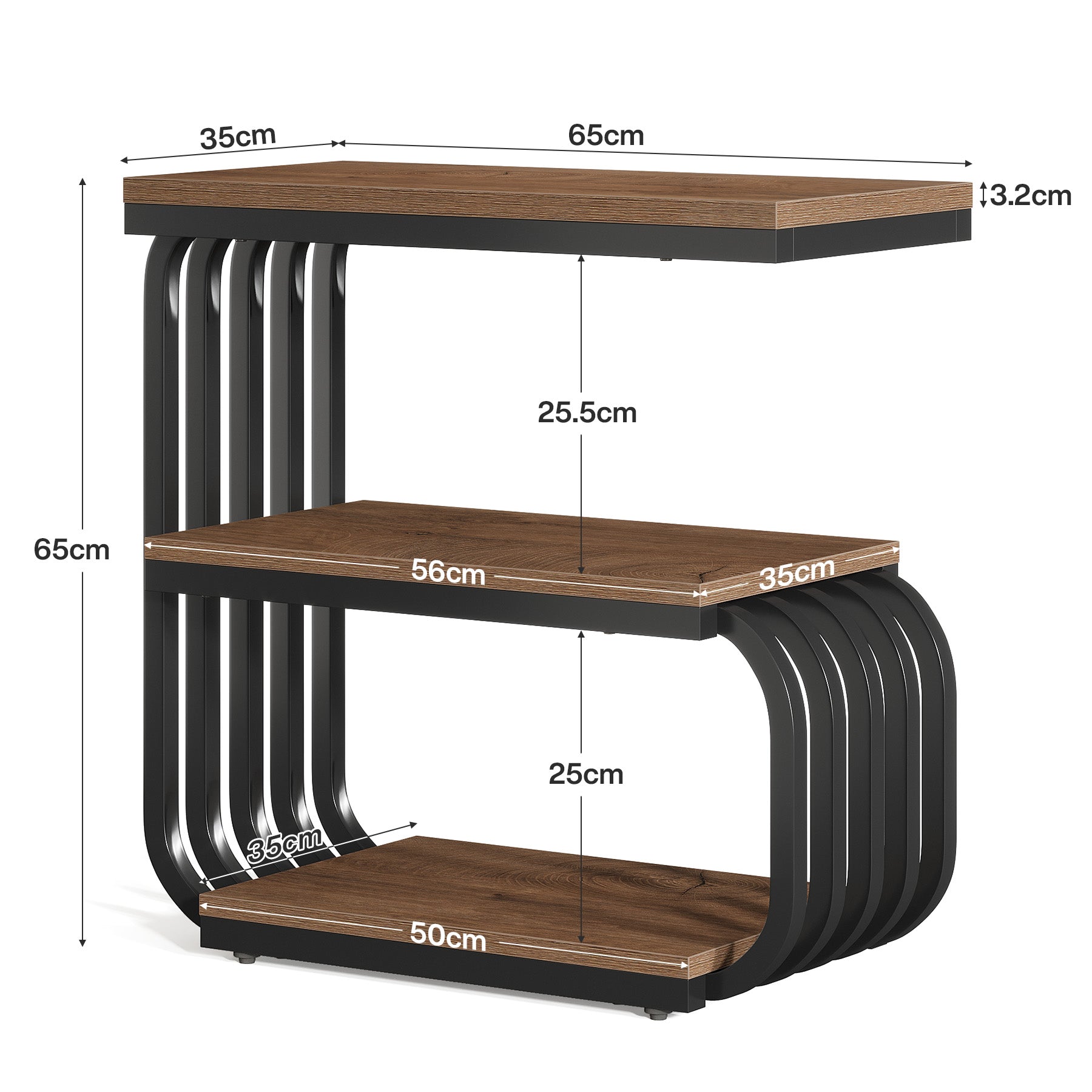 Tribesigns Tavolino a 3 ripiani, robusto tavolino comodini con struttura in metallo