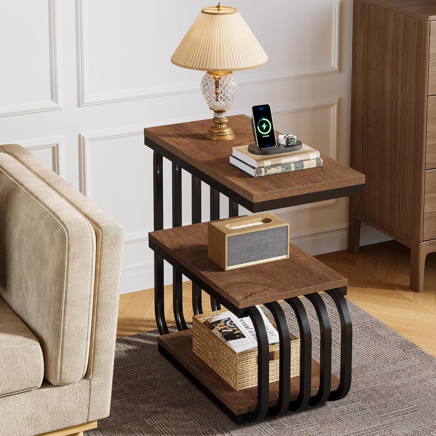 Tribesigns Tavolino a 3 ripiani, robusto tavolino comodini con struttura in metallo