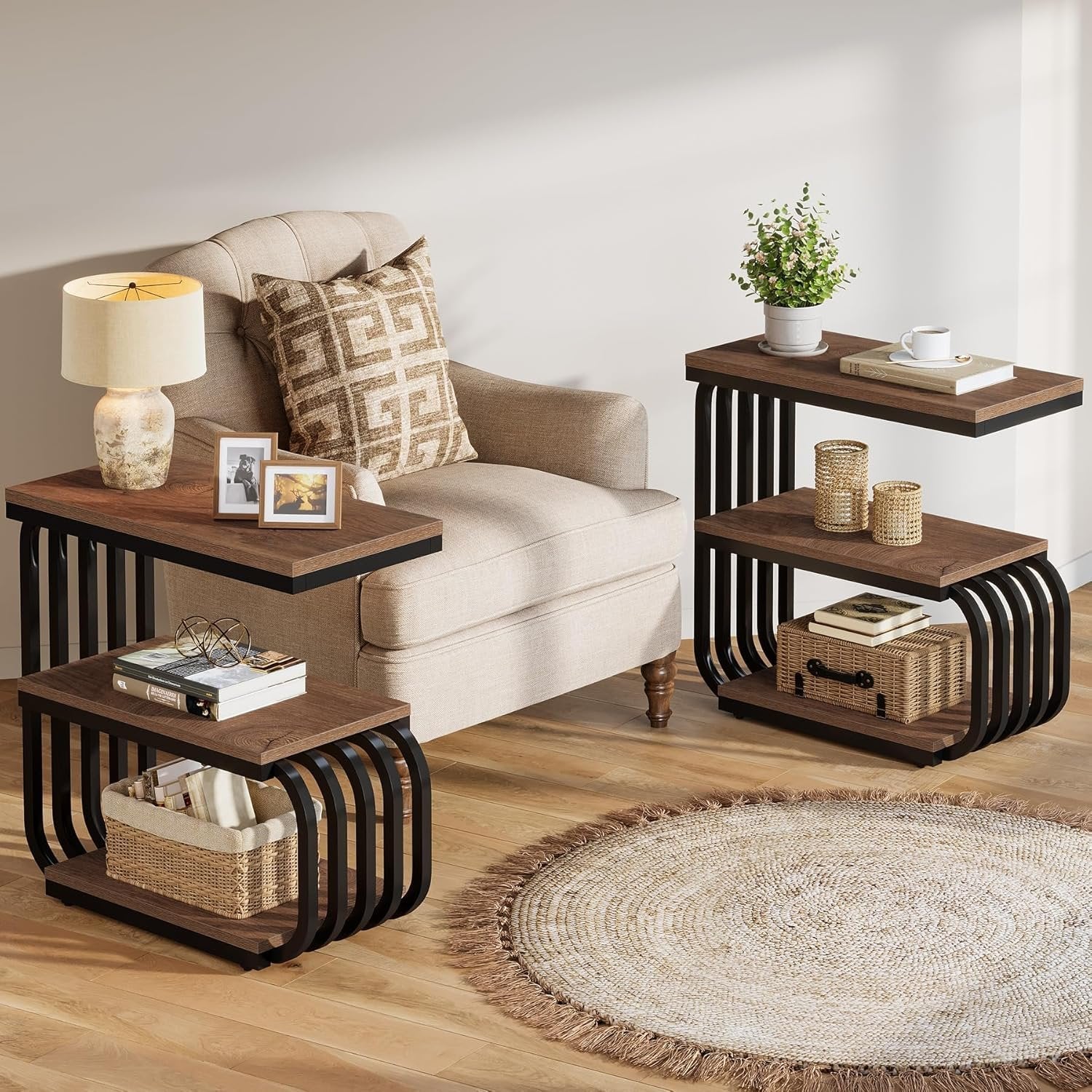 Tribesigns Tavolino a 3 ripiani, robusto tavolino comodini con struttura in metallo