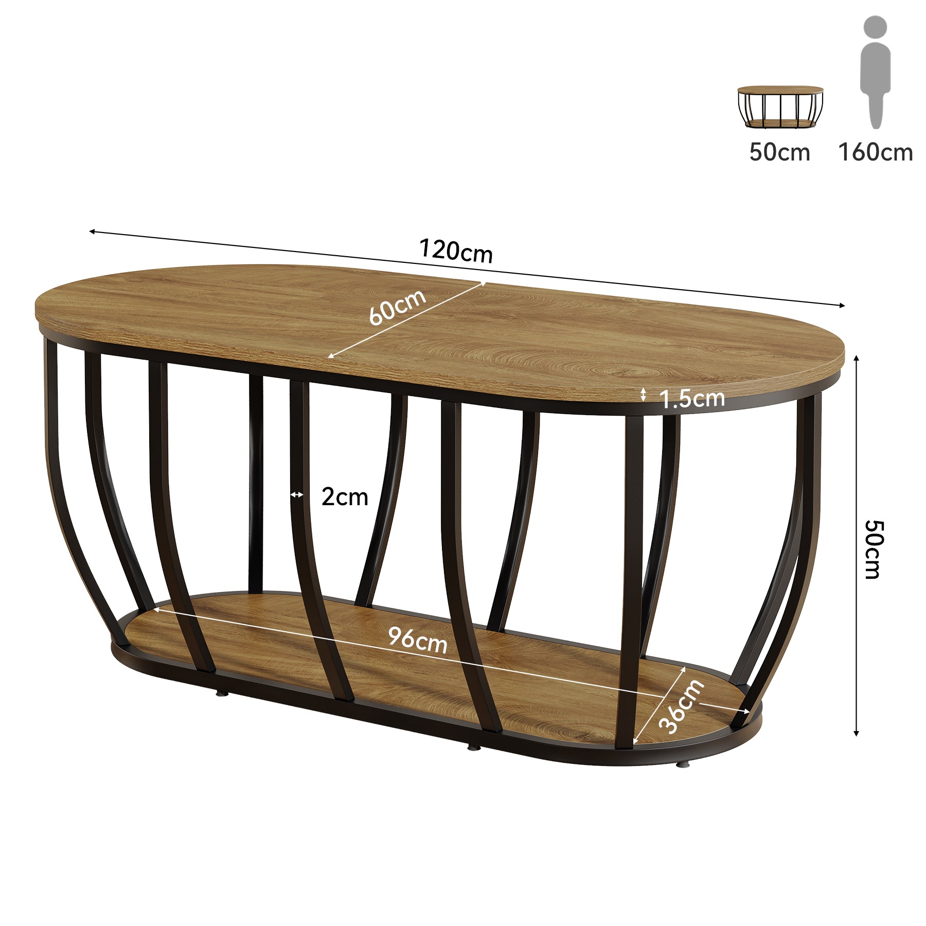 Tribesigns Tavolino da caffè da 120 cm, tavolino da cocktail centrale ovale con 2 ripiani