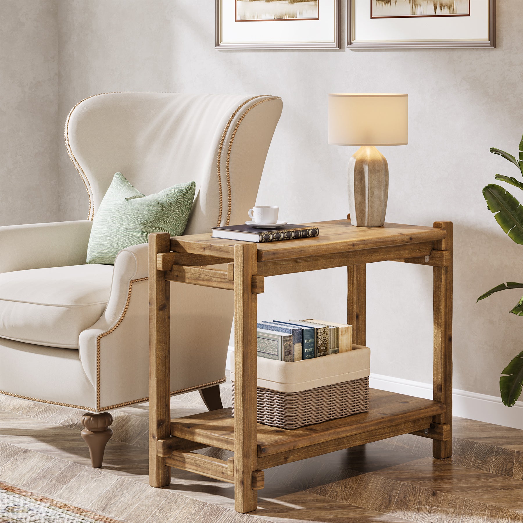 Tribesigns Tavolino in Legno Massello, 80 cm Comodino Stretto a 2 Ripiani con Scaffale