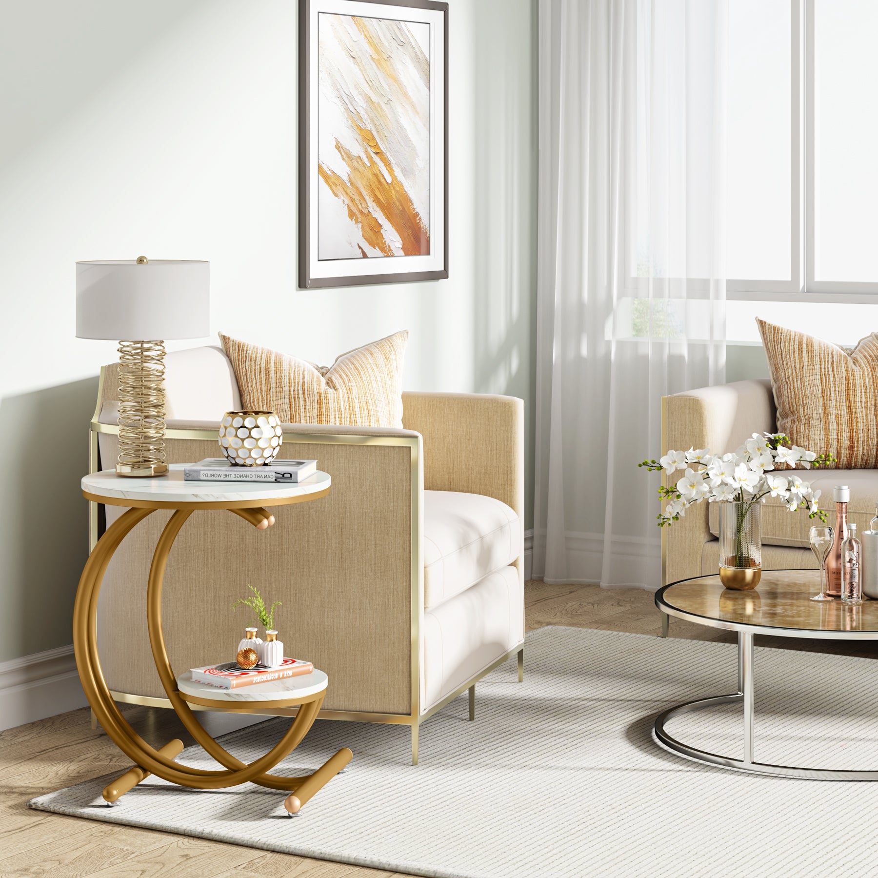 Tribesigns Tavolino in finto marmo, Moderno tavolino rotondo a 2 livelli con struttura a forma di C