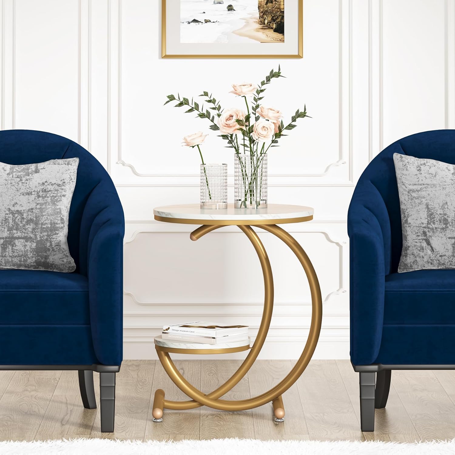 Tribesigns Tavolino in finto marmo, Moderno tavolino rotondo a 2 livelli con struttura a forma di C