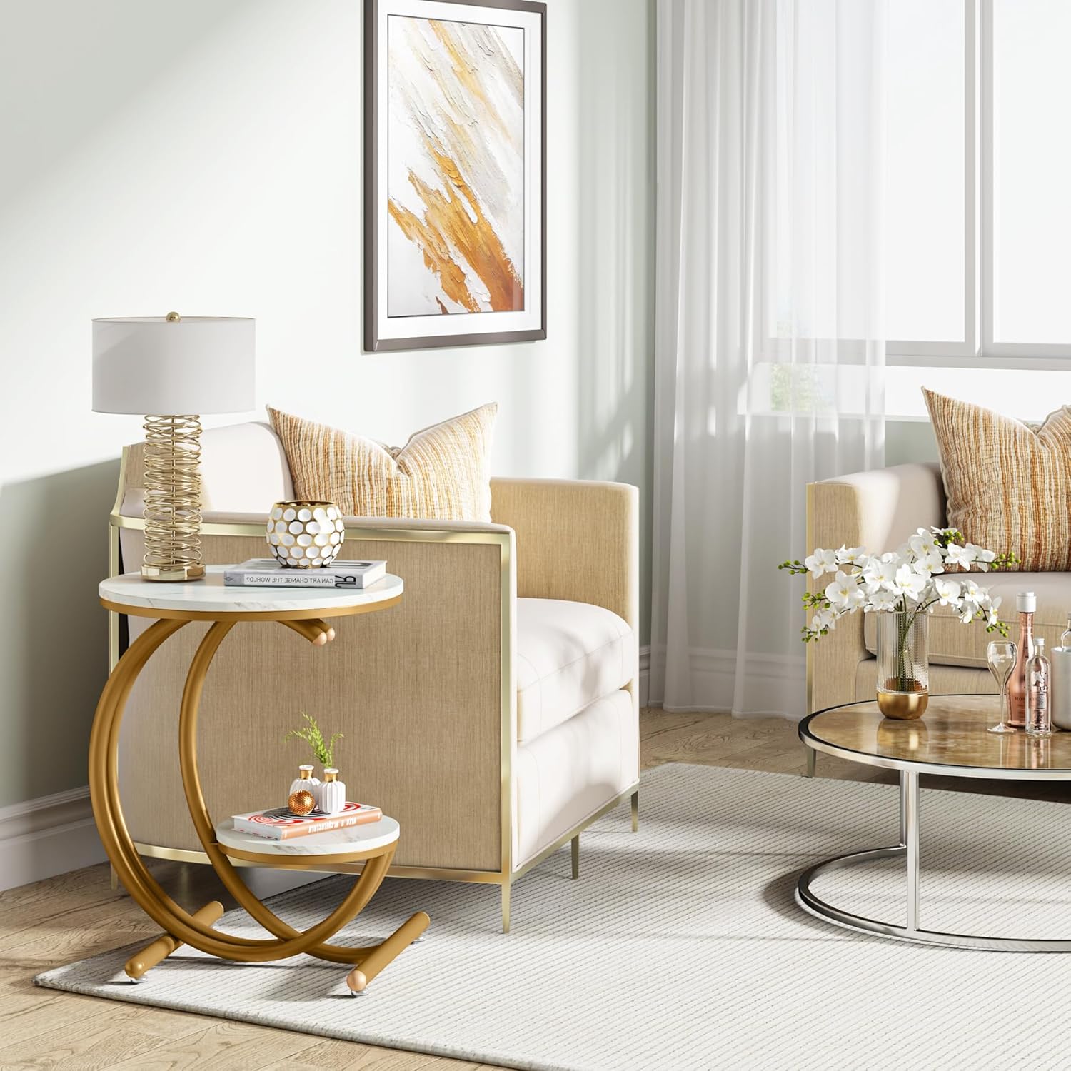 Tribesigns Tavolino in finto marmo, Moderno tavolino rotondo a 2 livelli con struttura a forma di C