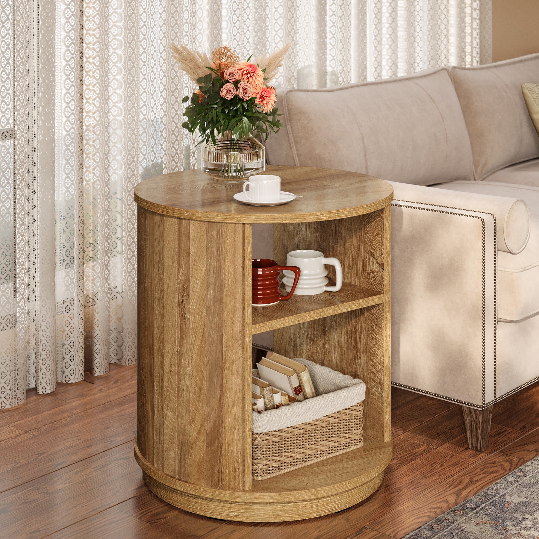 Tribesigns Tavolino rotondo da 60 cm, comodino naturale a 3 ripiani con ripiano