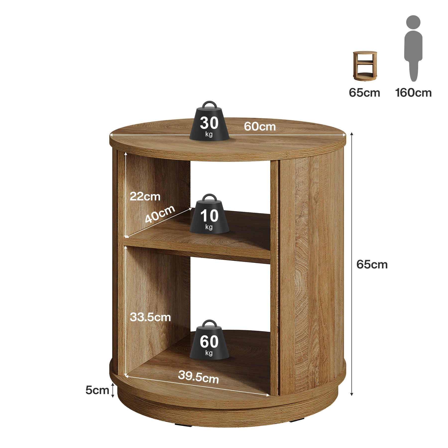 Tribesigns Tavolino rotondo da 60 cm, comodino naturale a 3 ripiani con ripiano
