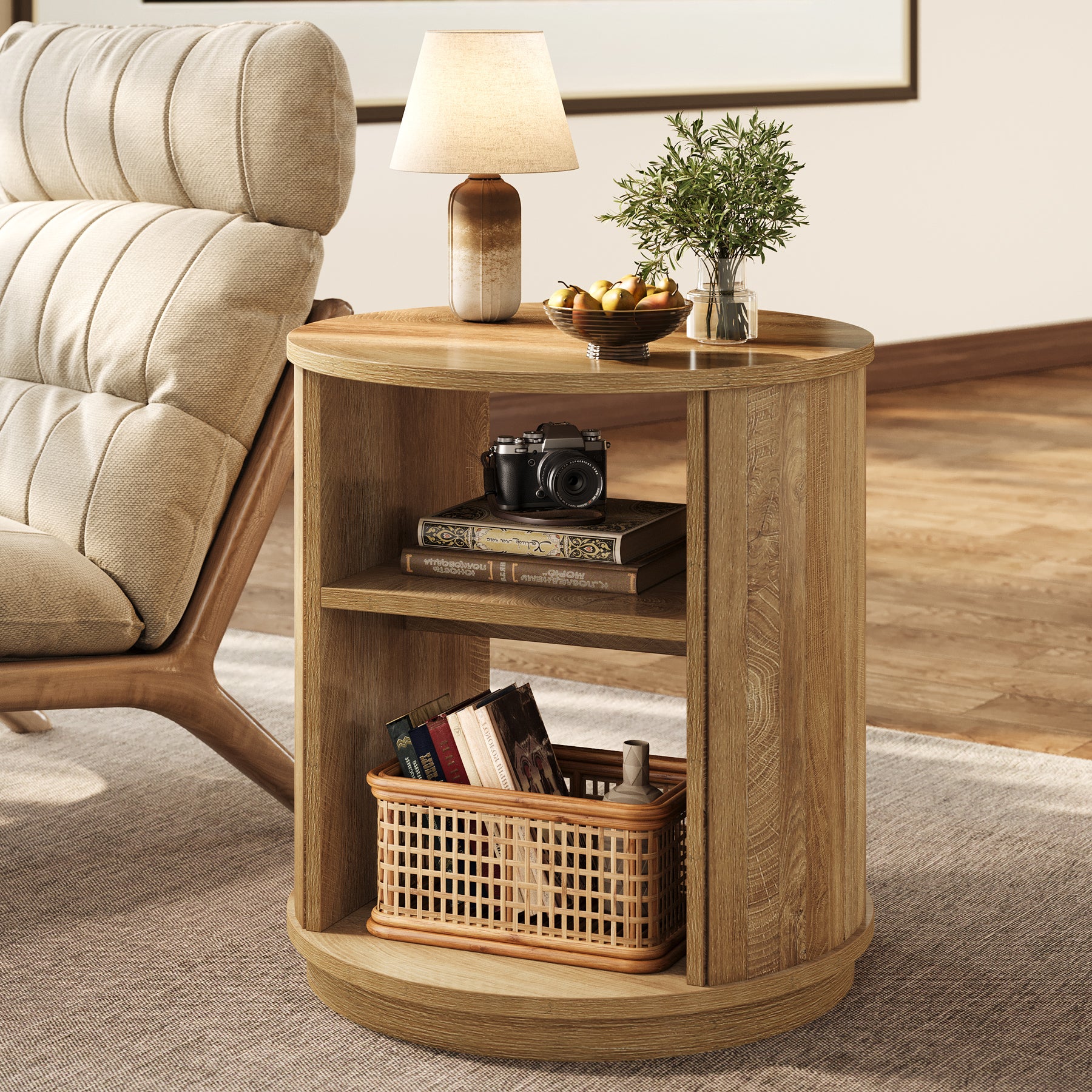 Tribesigns Tavolino rotondo da 60 cm, comodino naturale a 3 ripiani con ripiano