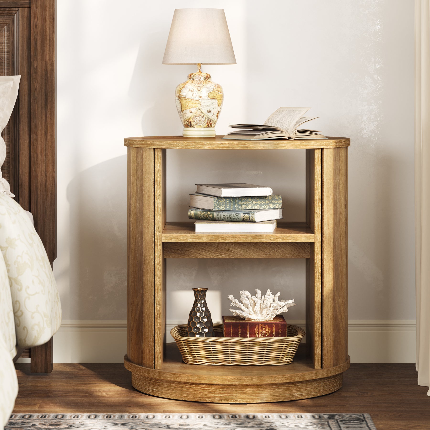 Tribesigns Tavolino rotondo da 60 cm, comodino naturale a 3 ripiani con ripiano