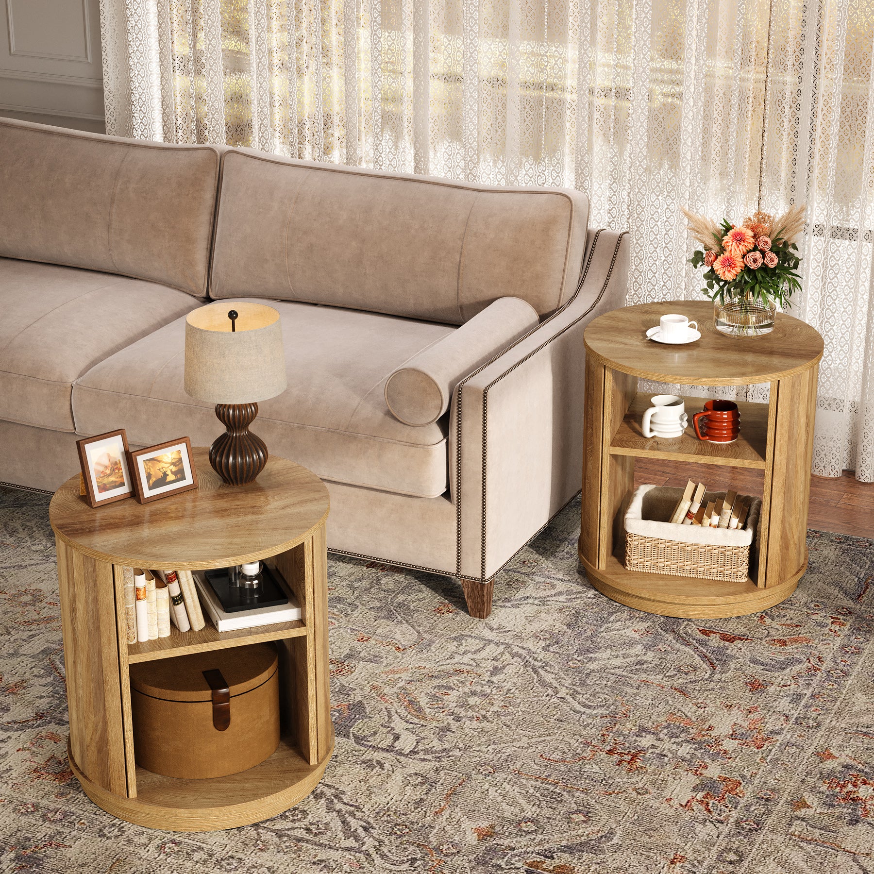 Tribesigns Tavolino rotondo da 60 cm, comodino naturale a 3 ripiani con ripiano