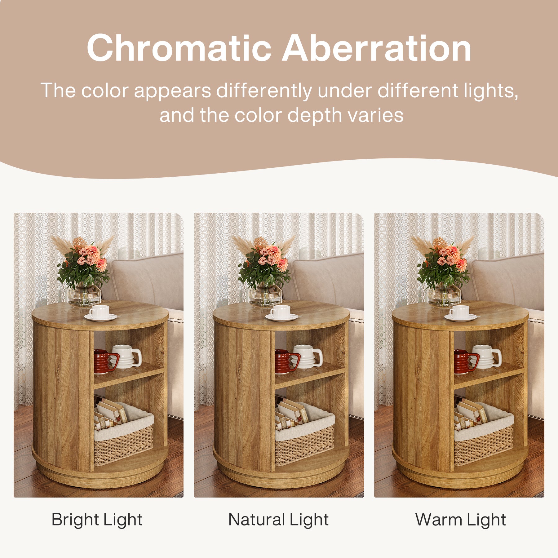 Tribesigns Tavolino rotondo da 60 cm, comodino naturale a 3 ripiani con ripiano