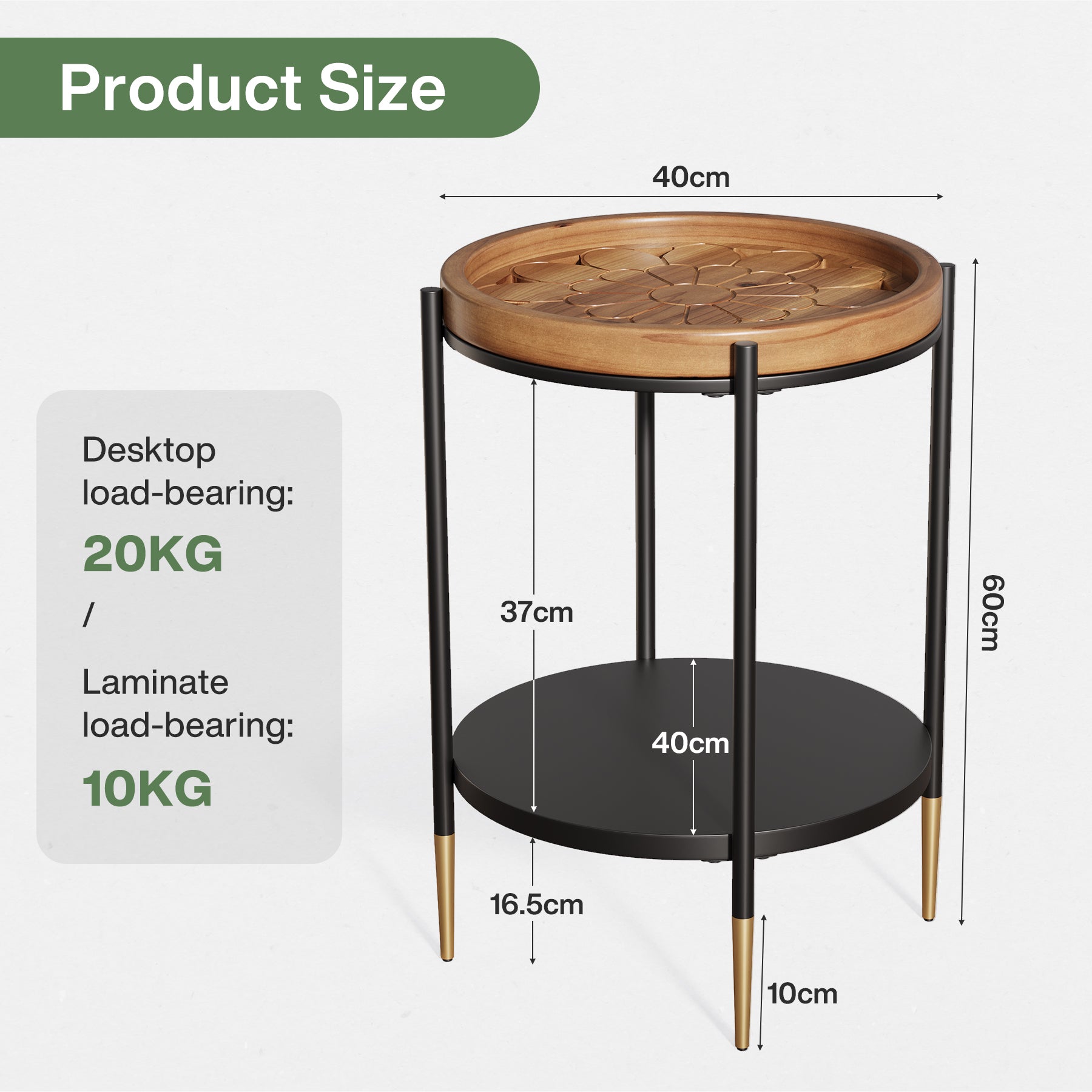 Tribesigns Tavolino rotondo, tavolino a 2 ripiani in legno massello e metallo