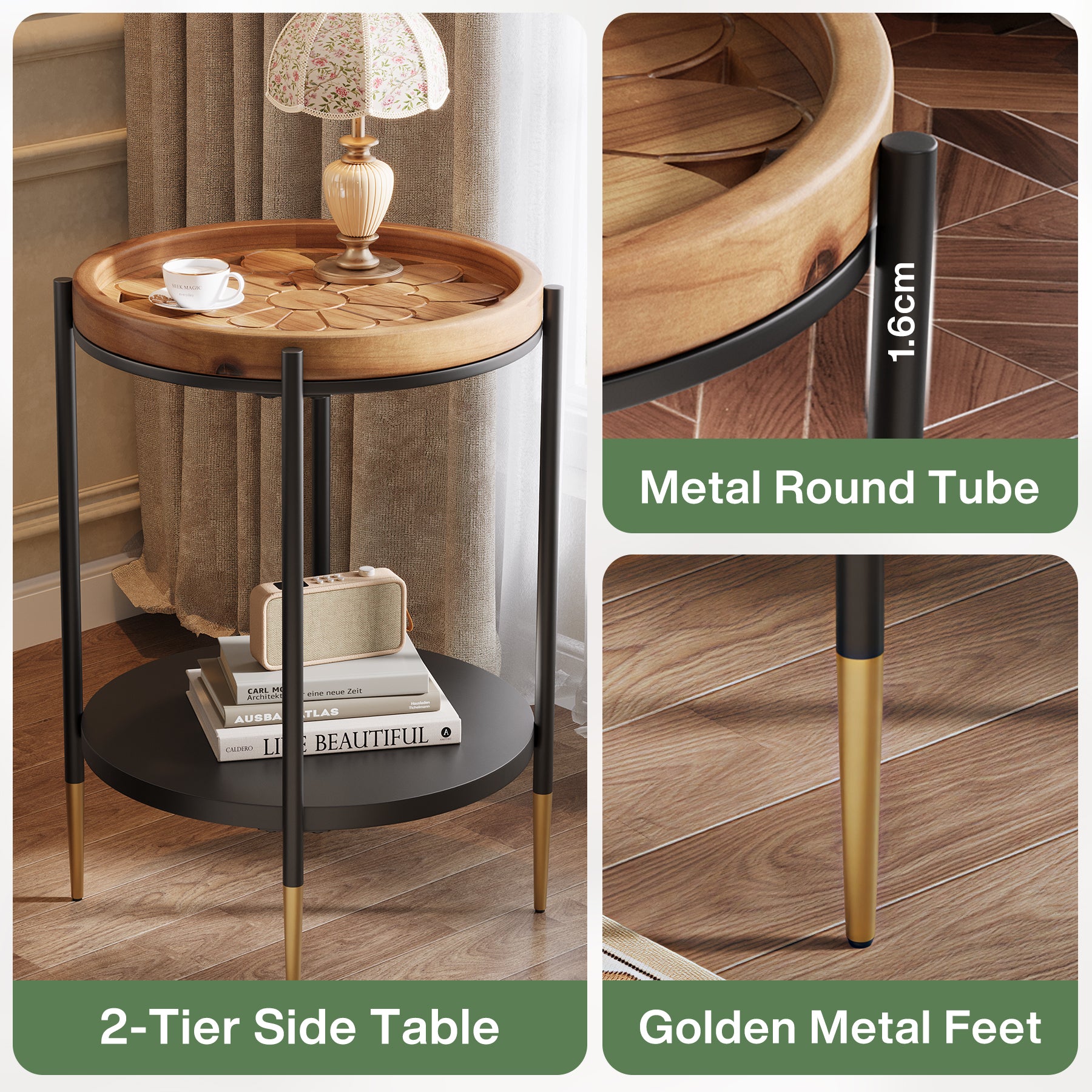 Tribesigns Tavolino rotondo, tavolino a 2 ripiani in legno massello e metallo