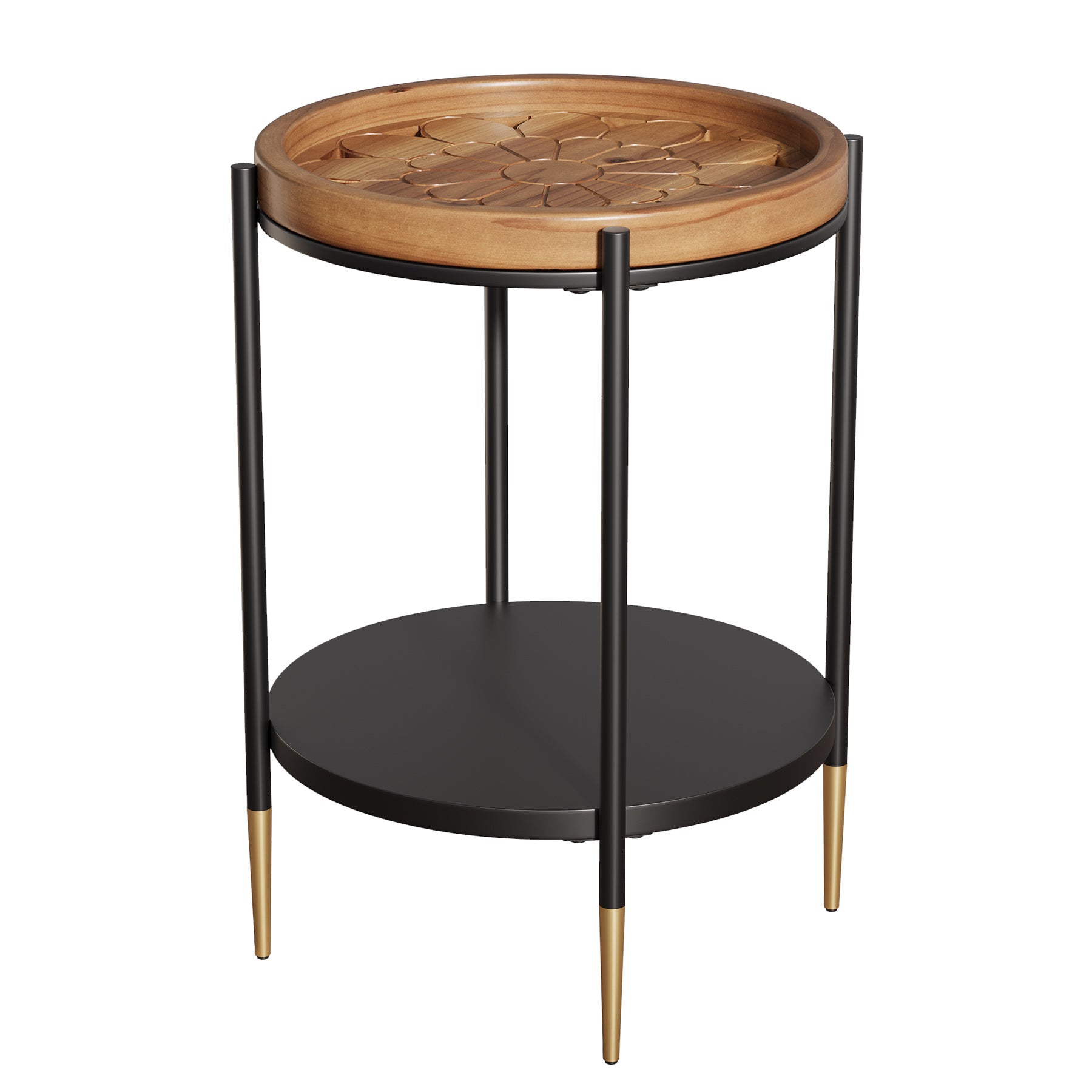 Tribesigns Tavolino rotondo, tavolino a 2 ripiani in legno massello e metallo