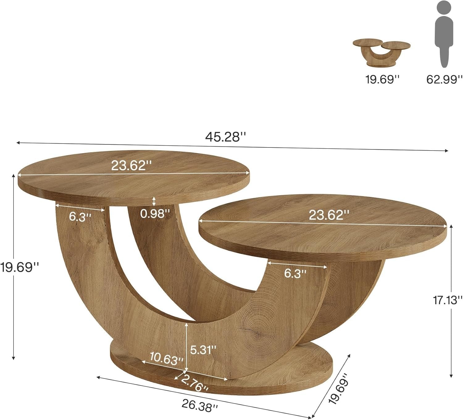 Tribesigns Tavolino, tavolino da caffè rotondo a 2 livelli con struttura a forma di U