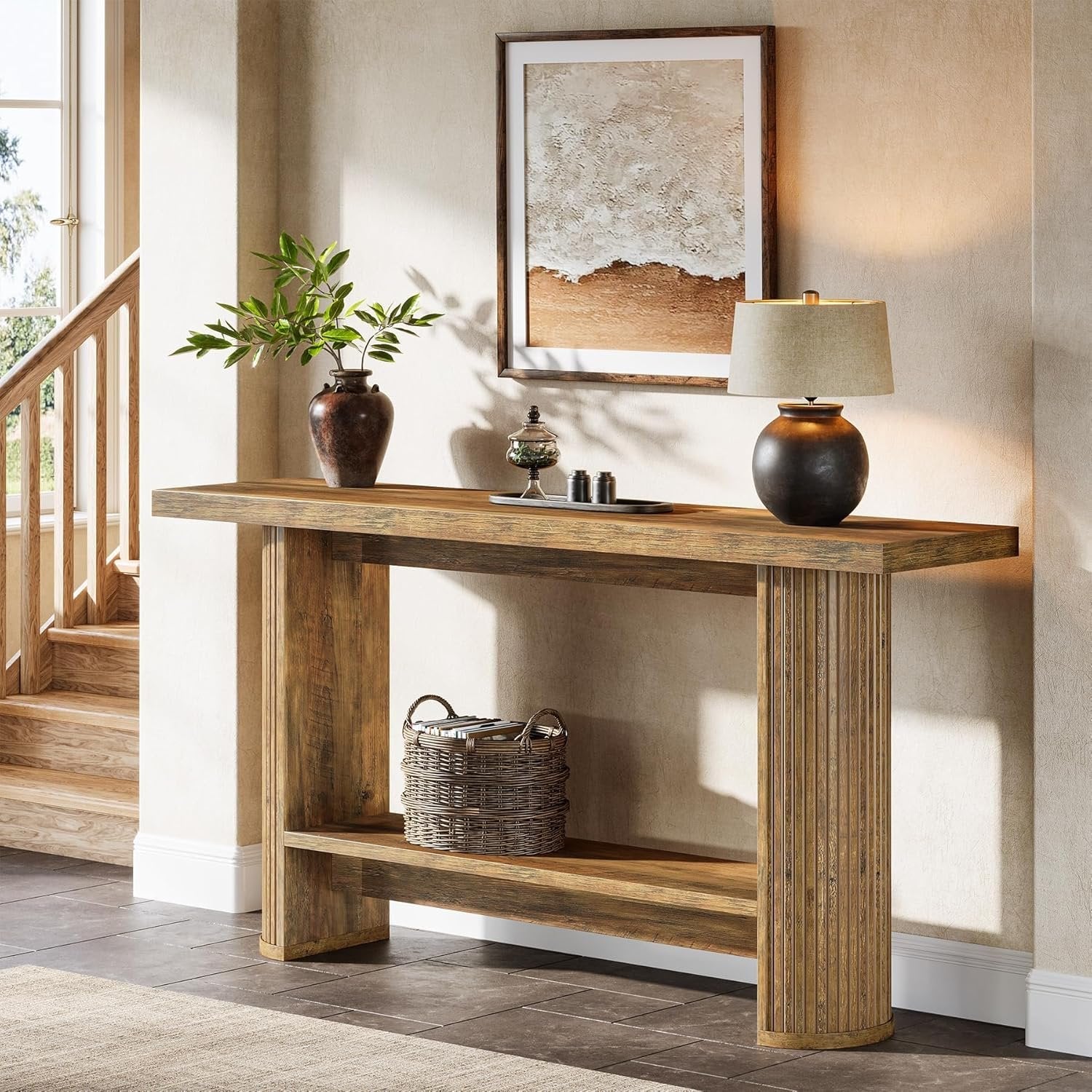 Tavolo consolle stretto, tavolo consolle alto per ingresso, mobiletto lungo e sottile per corridoio, 2 ripiani in legno con ripiano portaoggetti, noce, consolle di metà secolo - Italia Tavolo consolle stretto, tavolo consolle alto per ingresso, mobiletto lungo e sottile per corridoio, 2 ripiani in legno con ripiano portaoggetti, noce, consolle di metà secolo - Italia