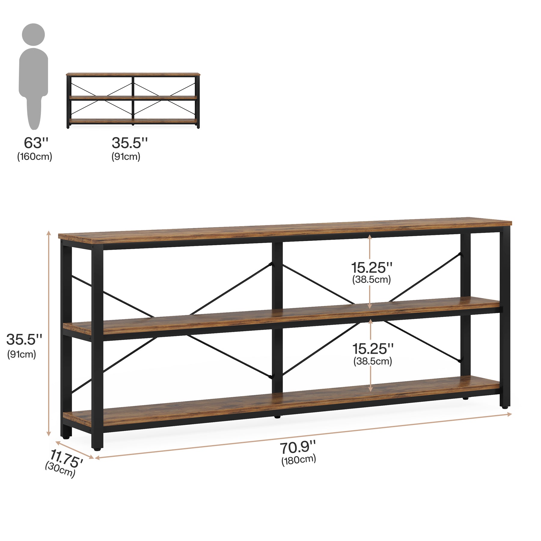 Tribesigns Tavolo consolle, Divano industriale a 3 livelli con struttura in metallo Moderno dietro il divano con ripiani portaoggetti