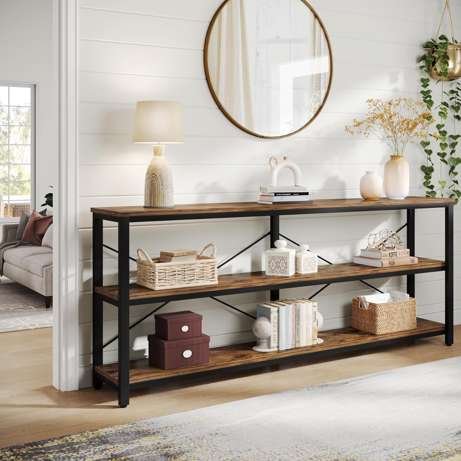 Tribesigns Tavolo consolle, Divano industriale a 3 livelli con struttura in metallo Moderno dietro il divano con ripiani portaoggetti