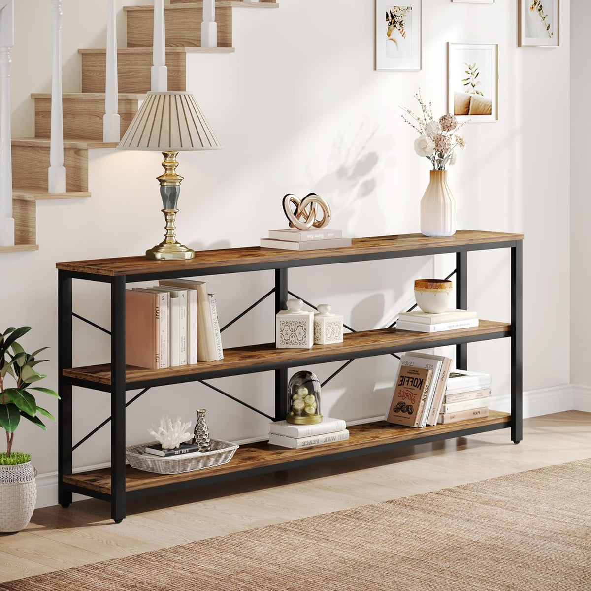 Consolle Libreria Stretta A 3 Ripiani - Stile Industriale, Misure 83x102x36 Cm, Finitura Rovere E Nero