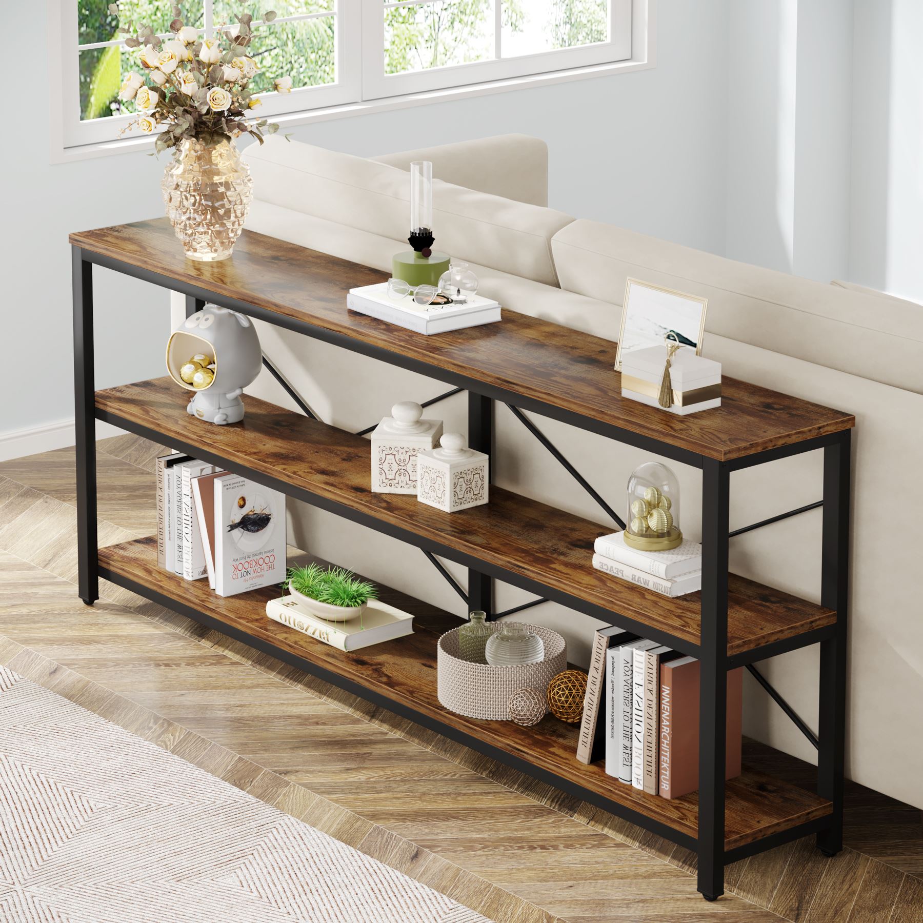 Tribesigns Tavolo consolle, Divano industriale a 3 livelli con struttura in metallo Moderno dietro il divano con ripiani portaoggetti