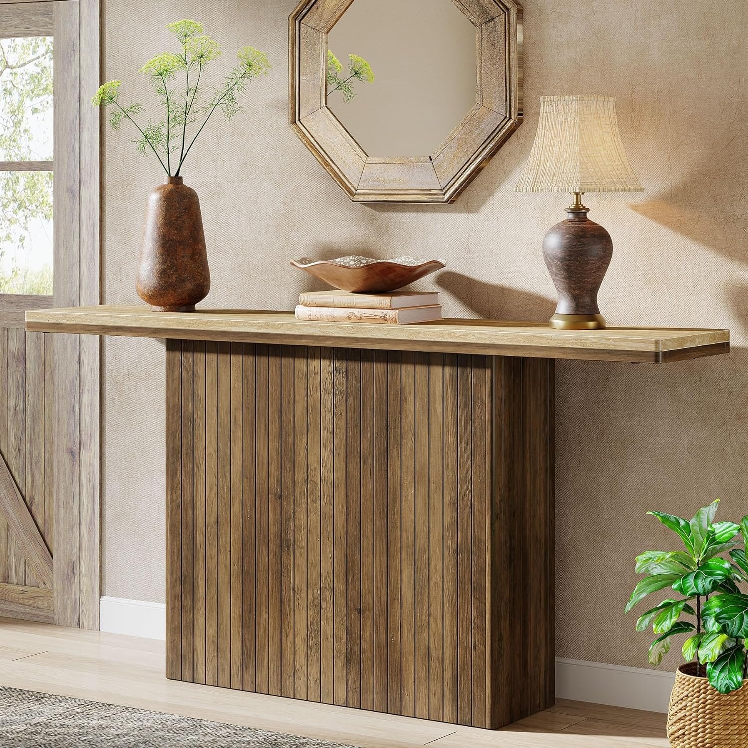 Tribesigns Tavolo consolle da 160 cm, tavolino scanalato in stile rustico per ingresso