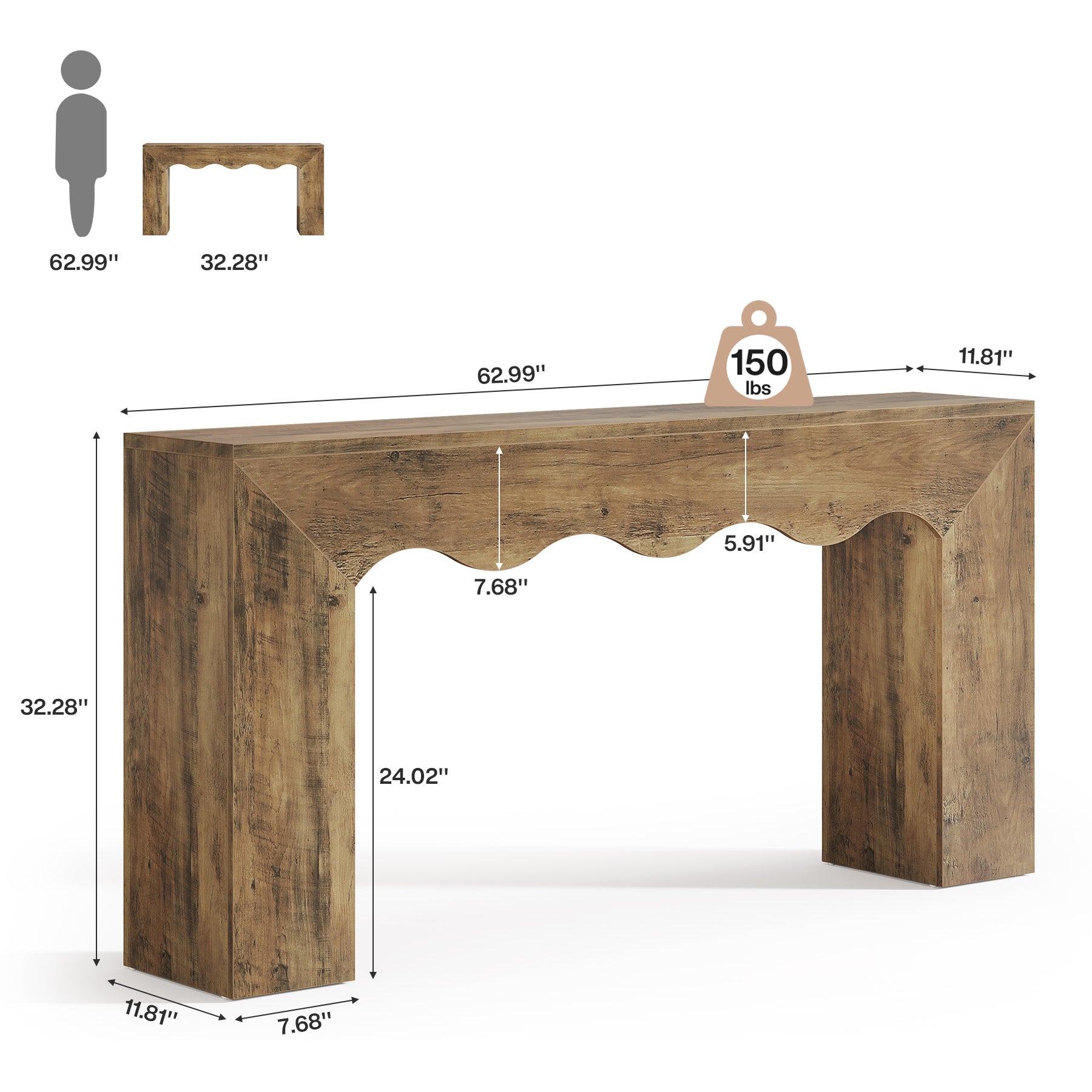 Tribesigns Tavolo consolle da fattoria da 160 cm, tavolo stretto dietro il divano con design ondulato
