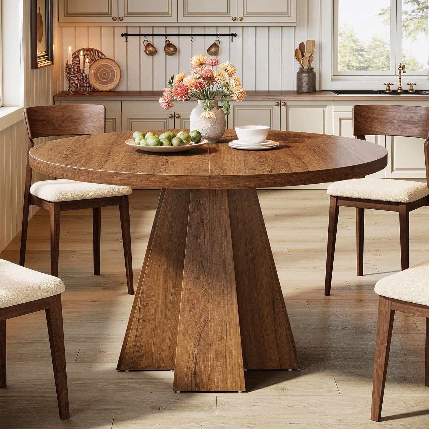 Tribesigns Tavolo da pranzo, 118 cm tavolo da cucina rotondo con base a colonna per 4 persone