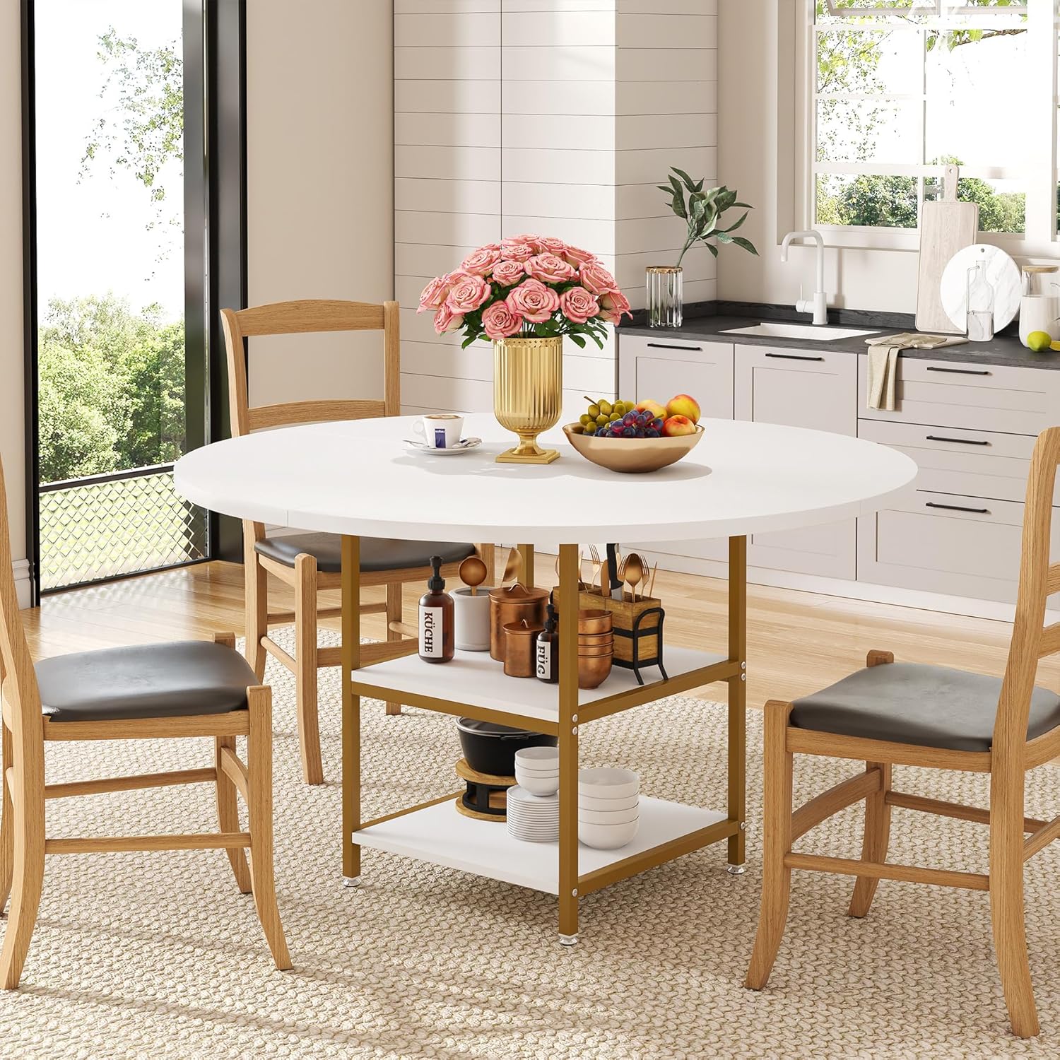 Tribesigns Tavolo da pranzo rotondo per 4 persone, Tavoli da pranzo circolari con ripiani portaoggetti e piano in legno