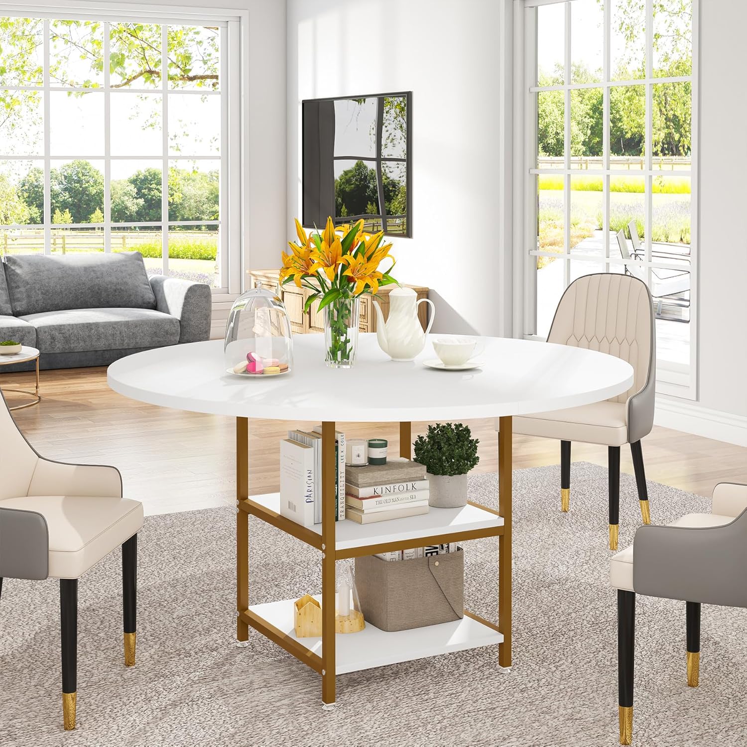 Tribesigns Tavolo da pranzo rotondo per 4 persone, Tavoli da pranzo circolari con ripiani portaoggetti e piano in legno