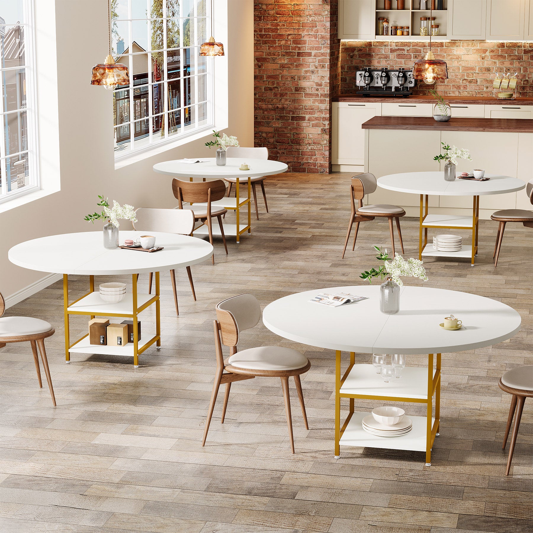 Tribesigns Tavolo da pranzo rotondo per 4 persone, Tavoli da pranzo circolari con ripiani portaoggetti e piano in legno