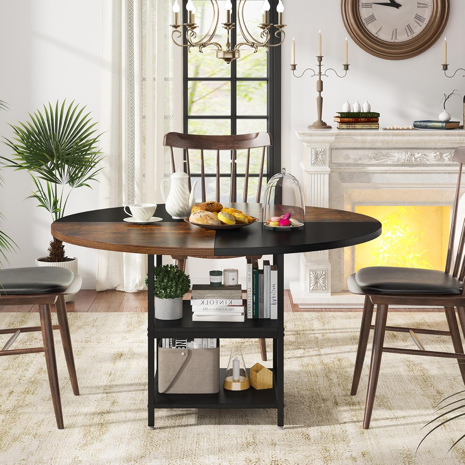 Tribesigns Tavolo da pranzo rotondo per 4 persone, Tavoli da pranzo circolari con ripiani portaoggetti e piano in legno